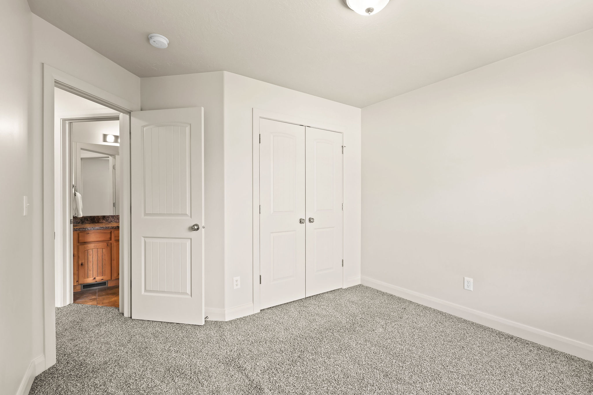 Light gray carpeting throughout, white walls, and a recessed ceiling light create a neutral interior palette