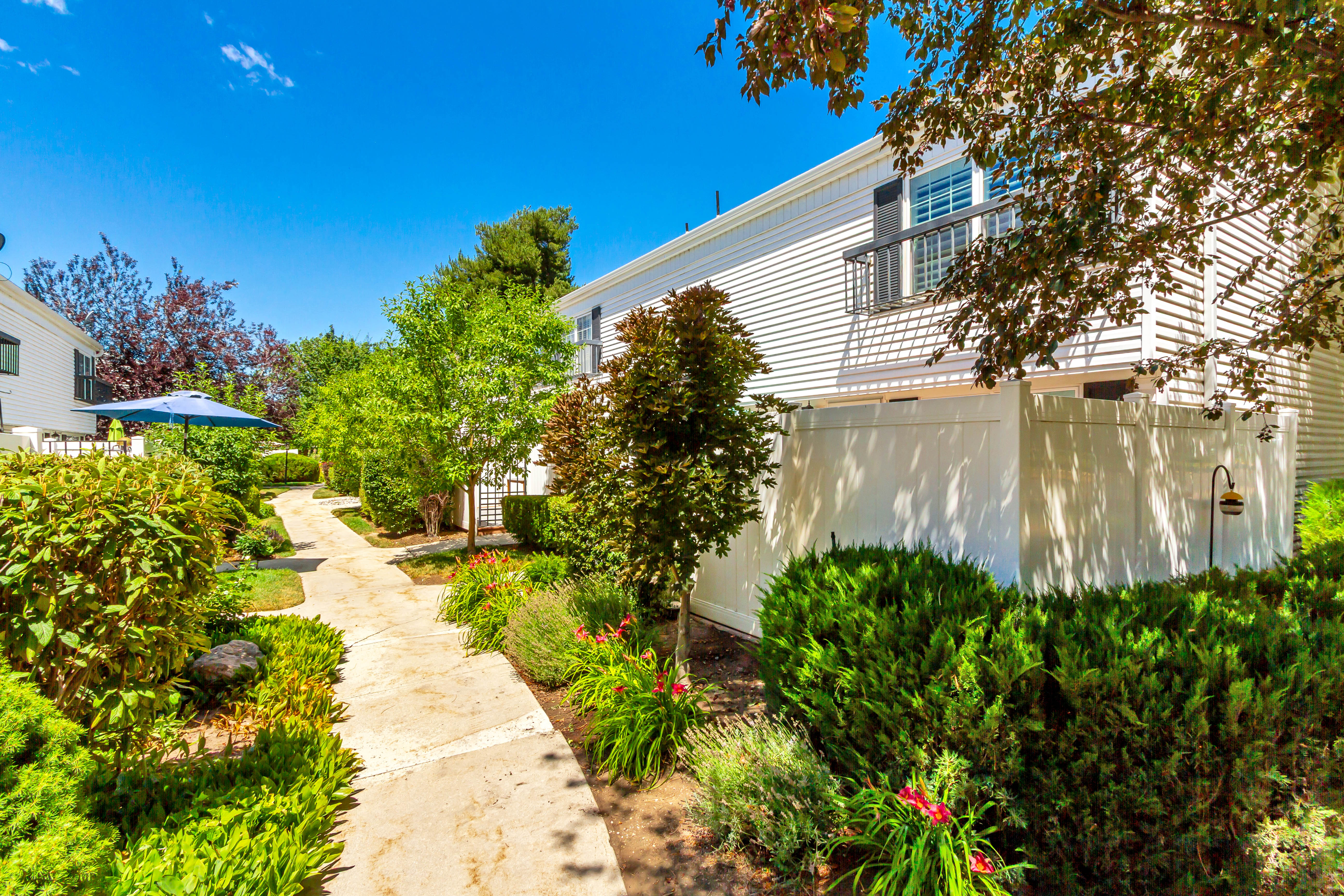 Manicured landscaping with mature trees and diverse plantings framing a winding pathway