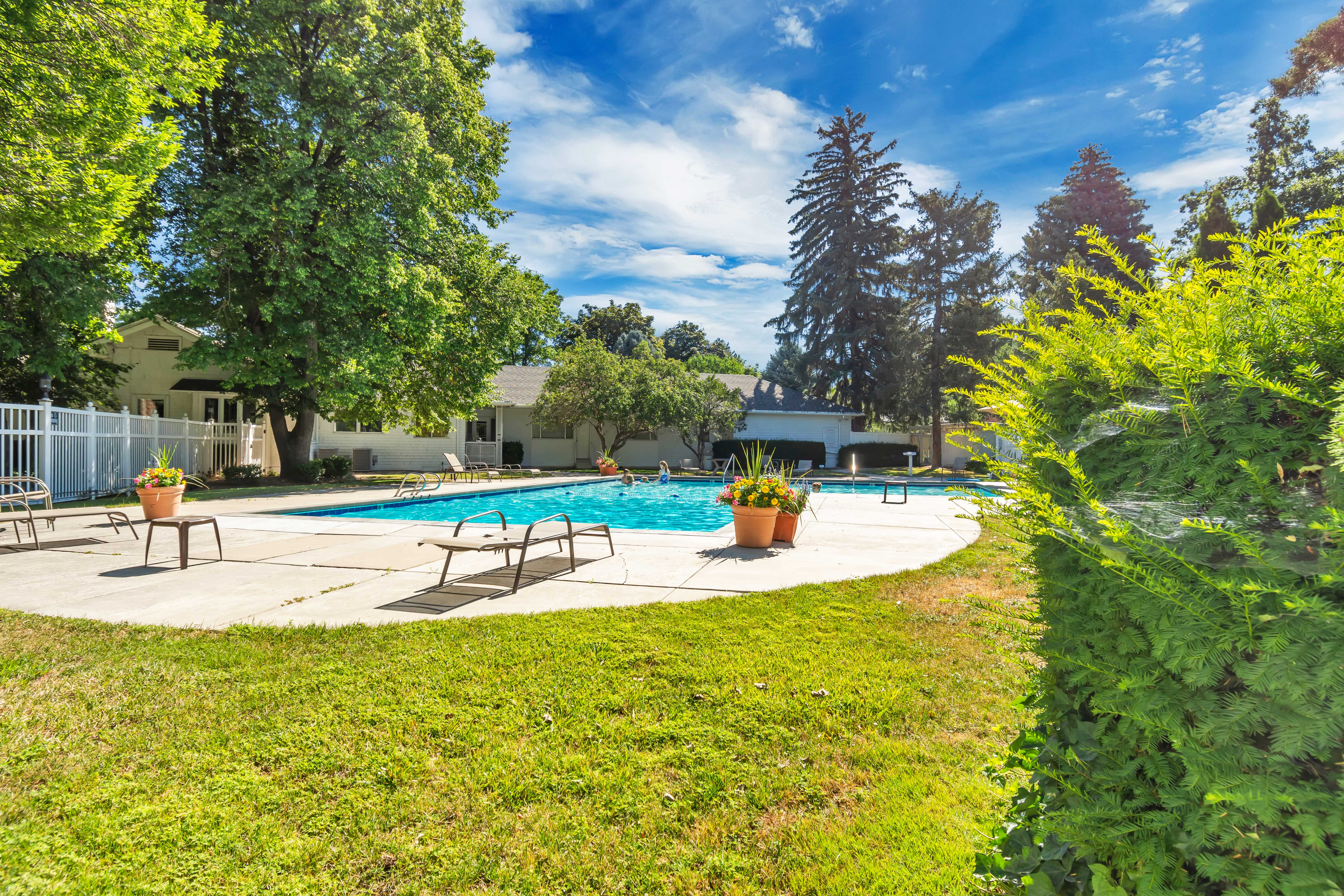 Outdoor swimming pool with a surrounding concrete deck, expansive grassy areas, mature trees, and a white fence