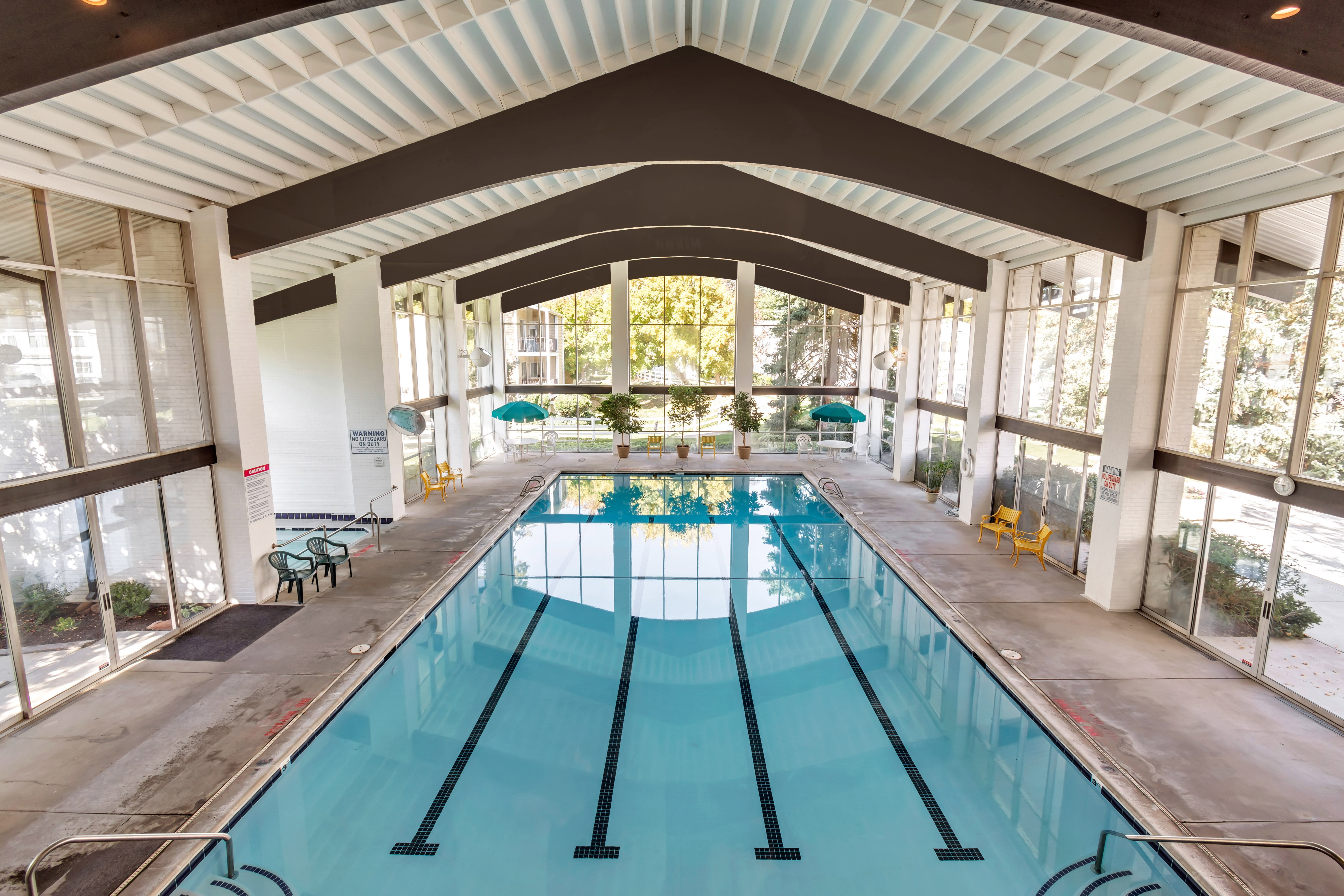 Indoor lap pool within a light-filled atrium, featuring a high vaulted ceiling, exposed beams, and perimeter windows