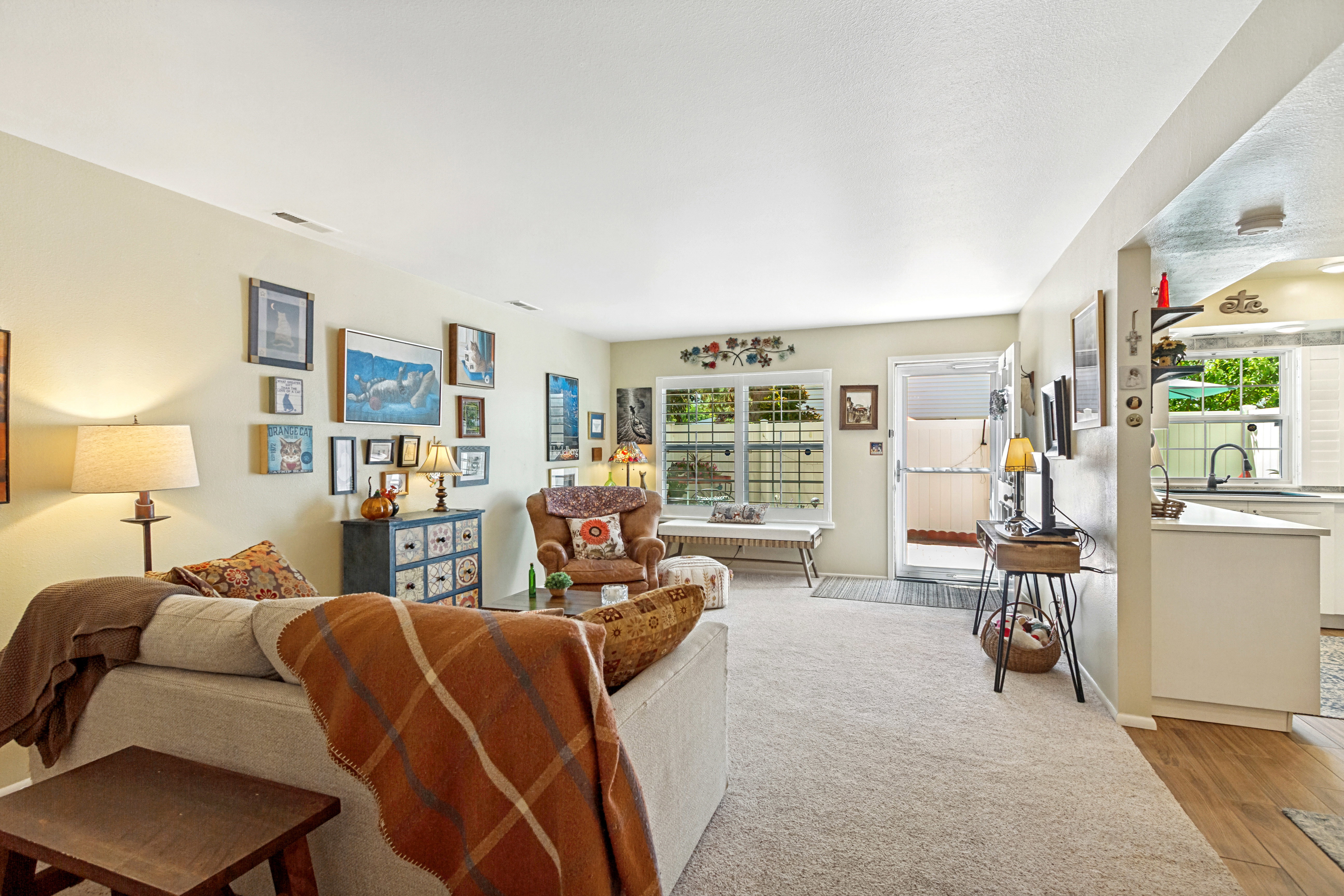 Open concept living area with light-colored carpeting, a partial kitchen pass-through, and a white framed glass-paneled door