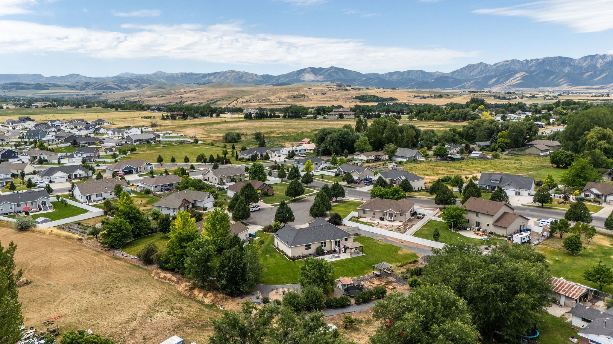 Aerial perspective showcasing a residential community with varied home styles