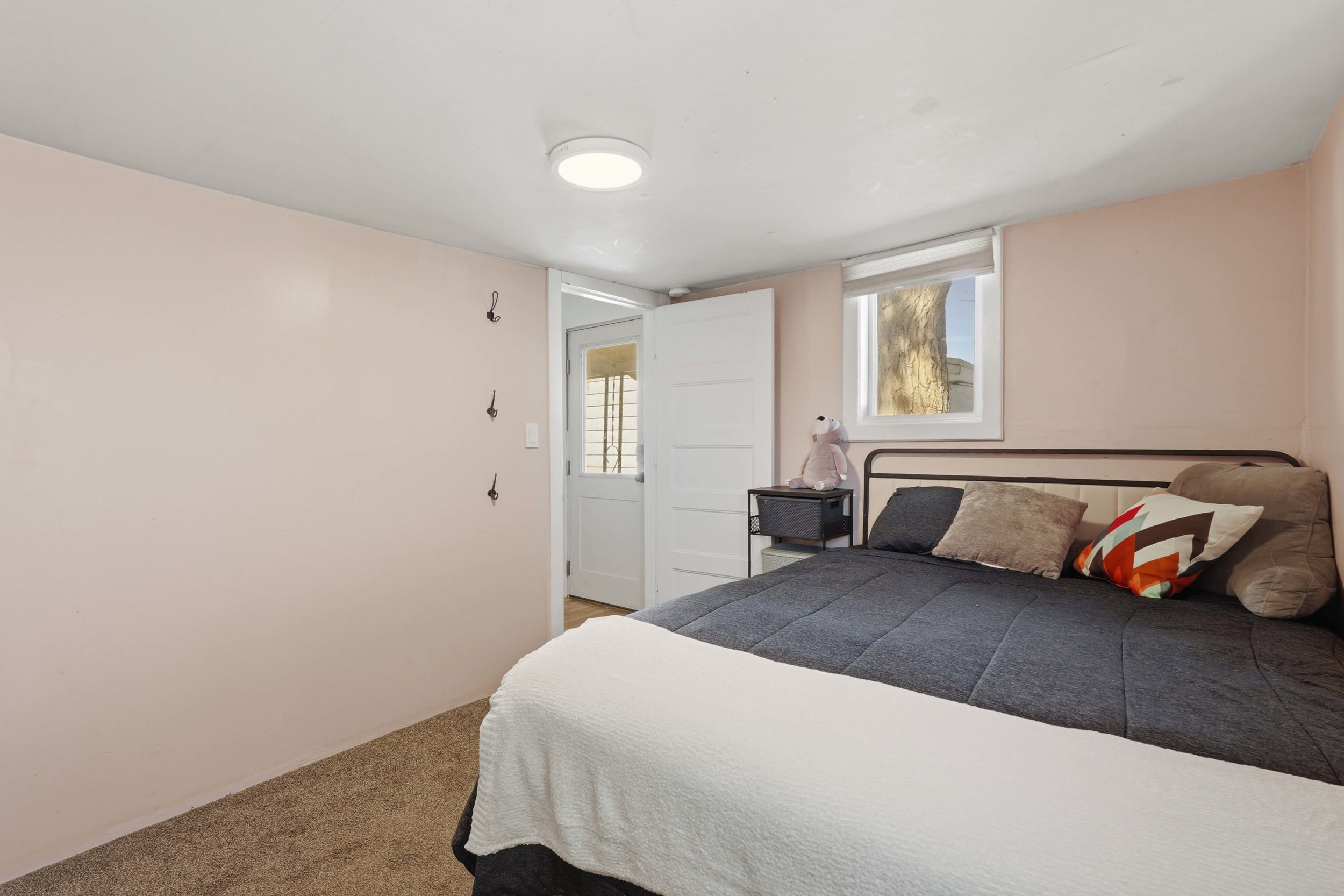 Bedroom #2, Carpeted room with a flush-mount ceiling light, a white paneled door, and a single window with a roller shade