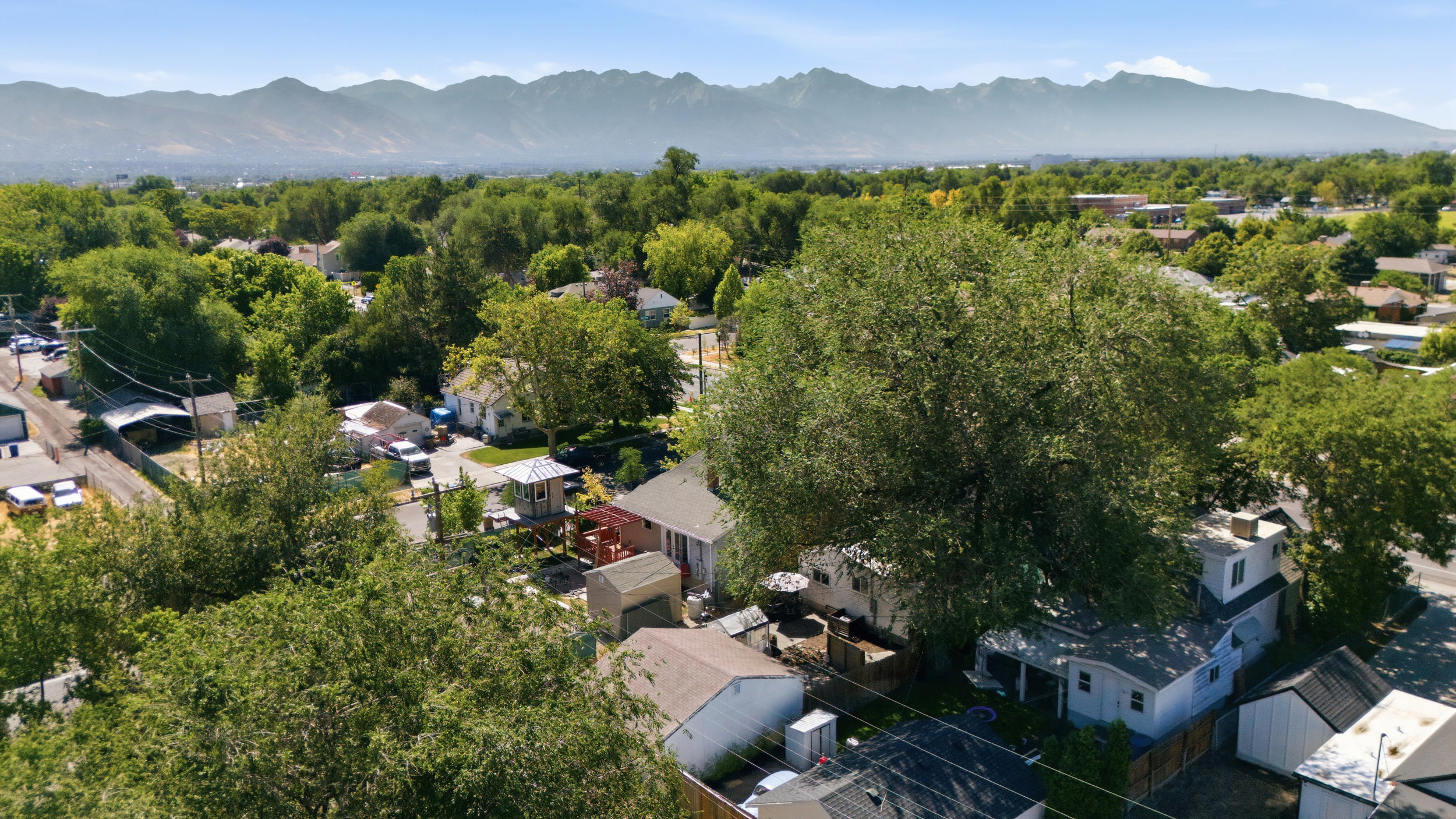 Aerial perspective of a residential area featuring numerous mature trees and mountain ranges in the distance