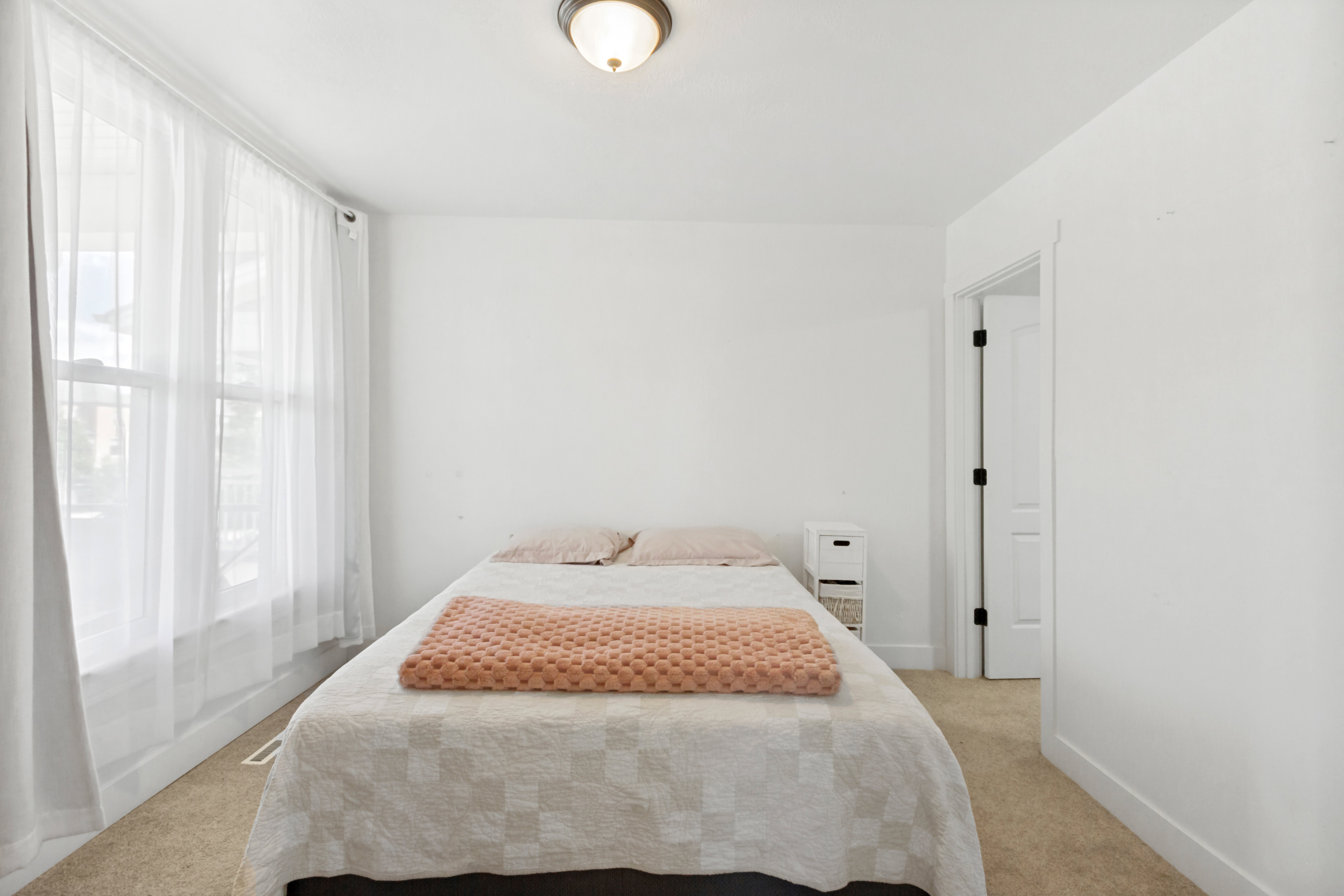 Bright interior space featuring a double window with sheer coverings, light-toned carpeting, and a flush-mount ceiling light fixture