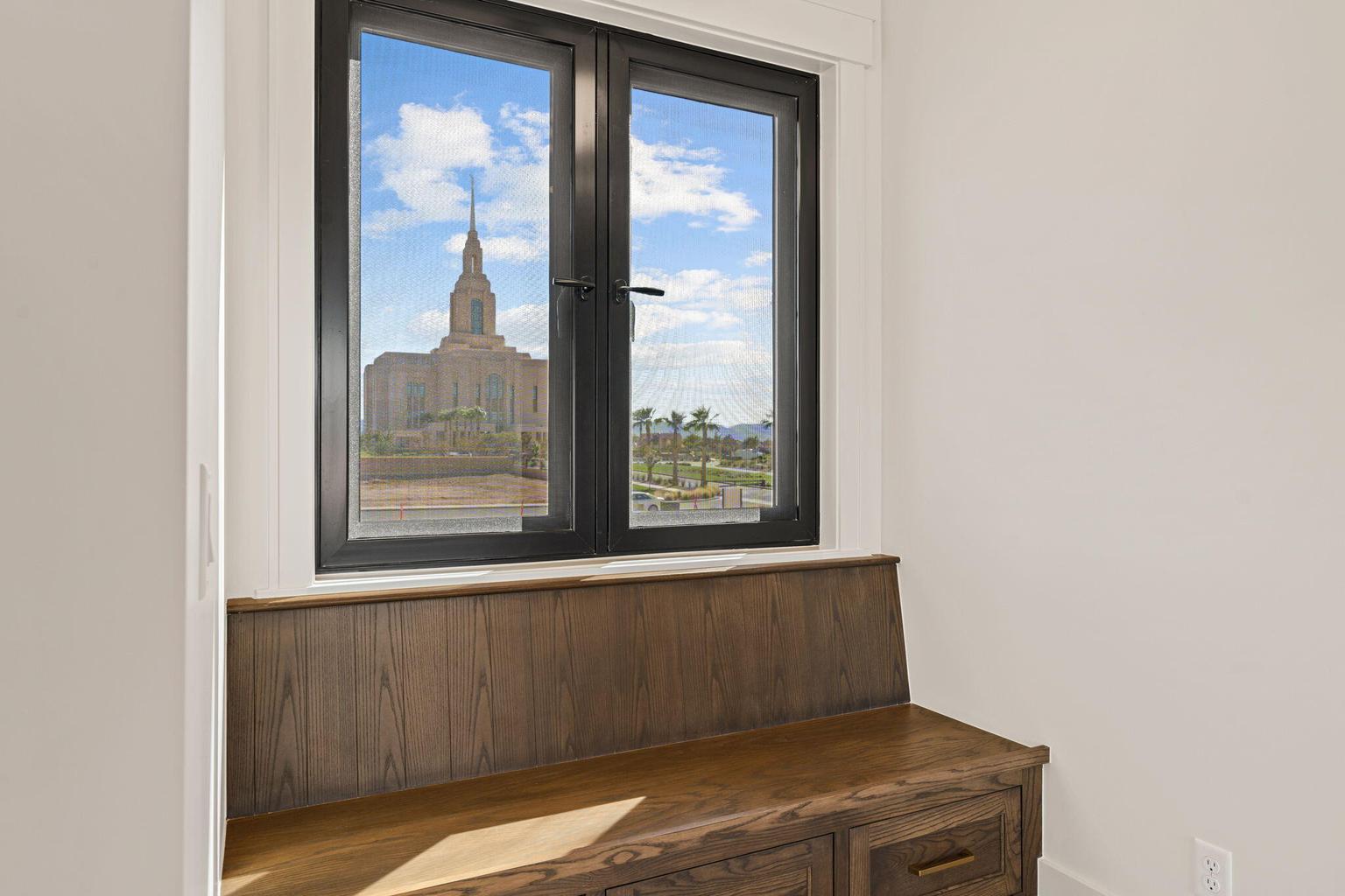 Built-in wood-finish bench with integrated storage drawers