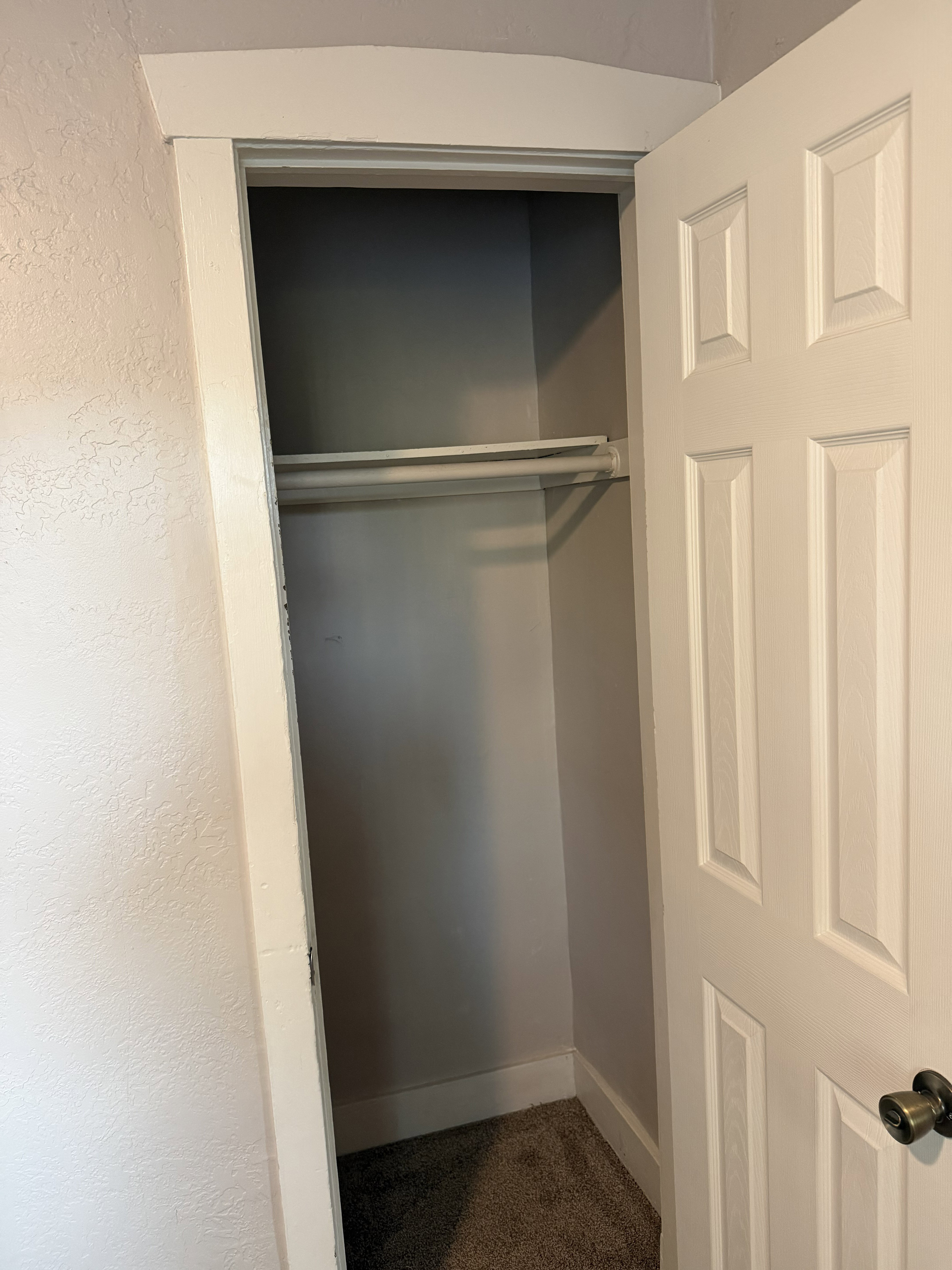 Recessed closet with two clothing rods, paneled door, and textured walls
