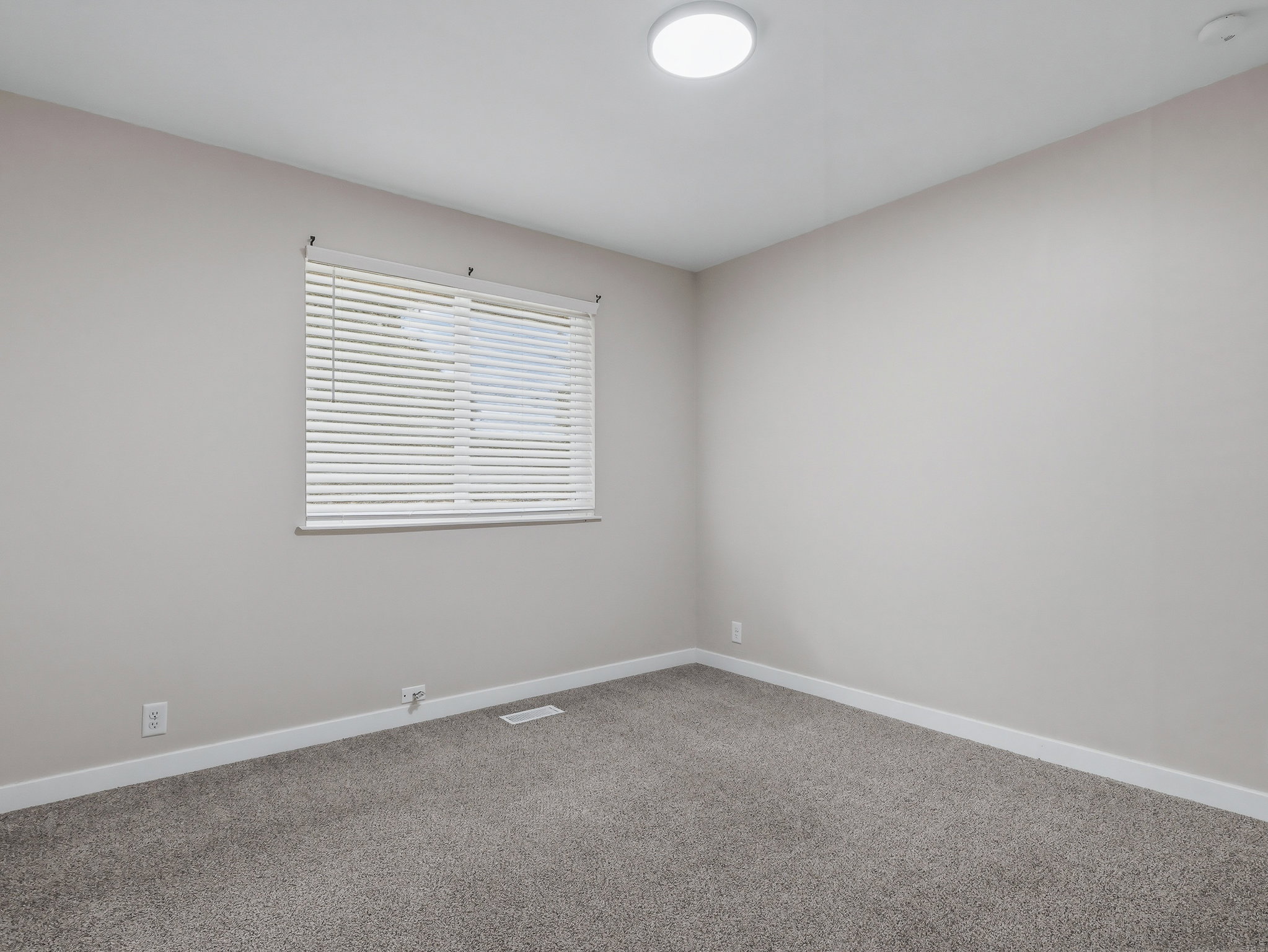 Neutral-toned walls complement plush grey carpeting