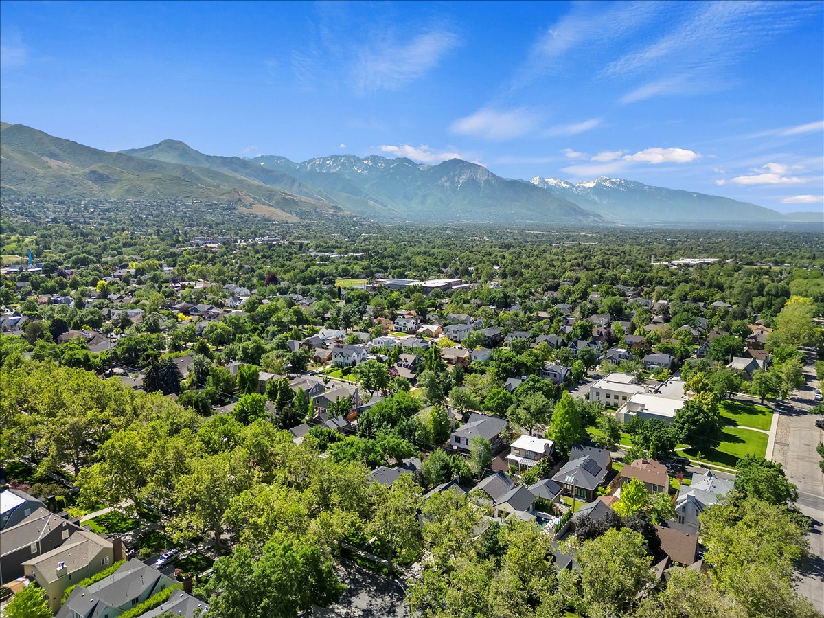 Expansive aerial perspective showcasing a residential neighborhood with abundant mature trees and mountainous terrain in the distance