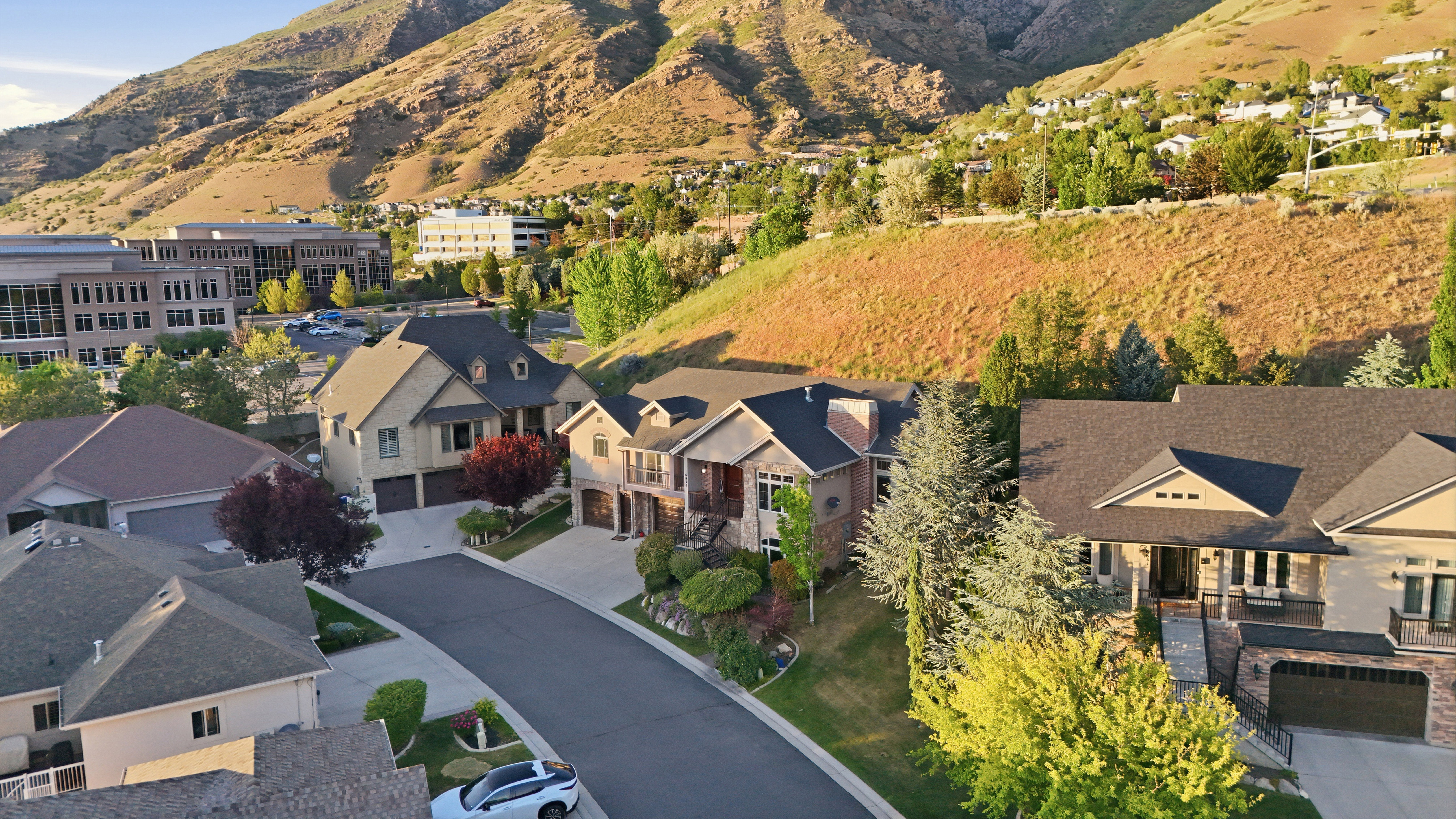 Suburban neighborhood featuring a curvilinear street, mature trees, and mountainous terrain in the background