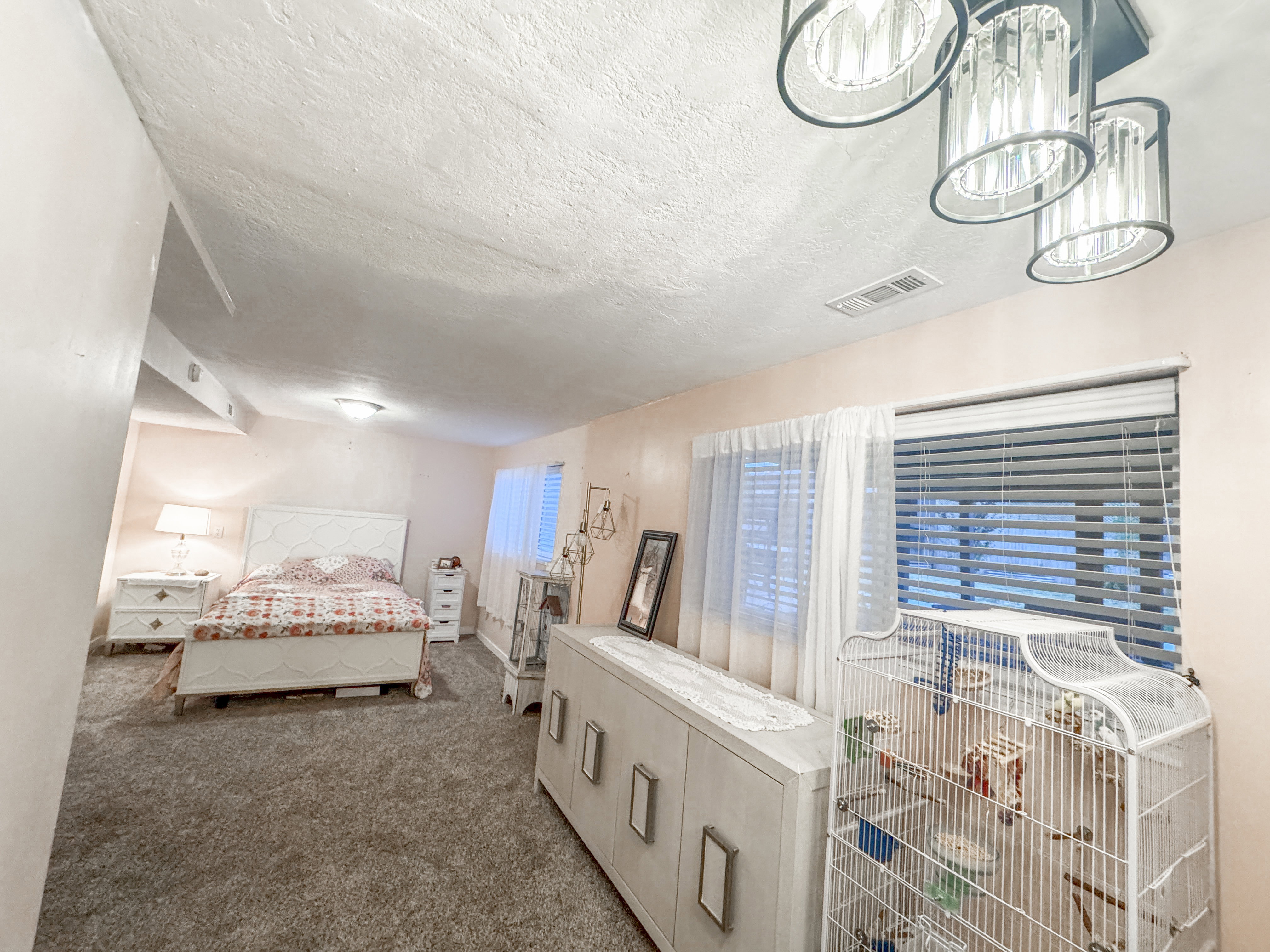 Bedroom featuring plush carpeting, a large window with blinds and sheer curtains, and a modern ceiling light fixture
