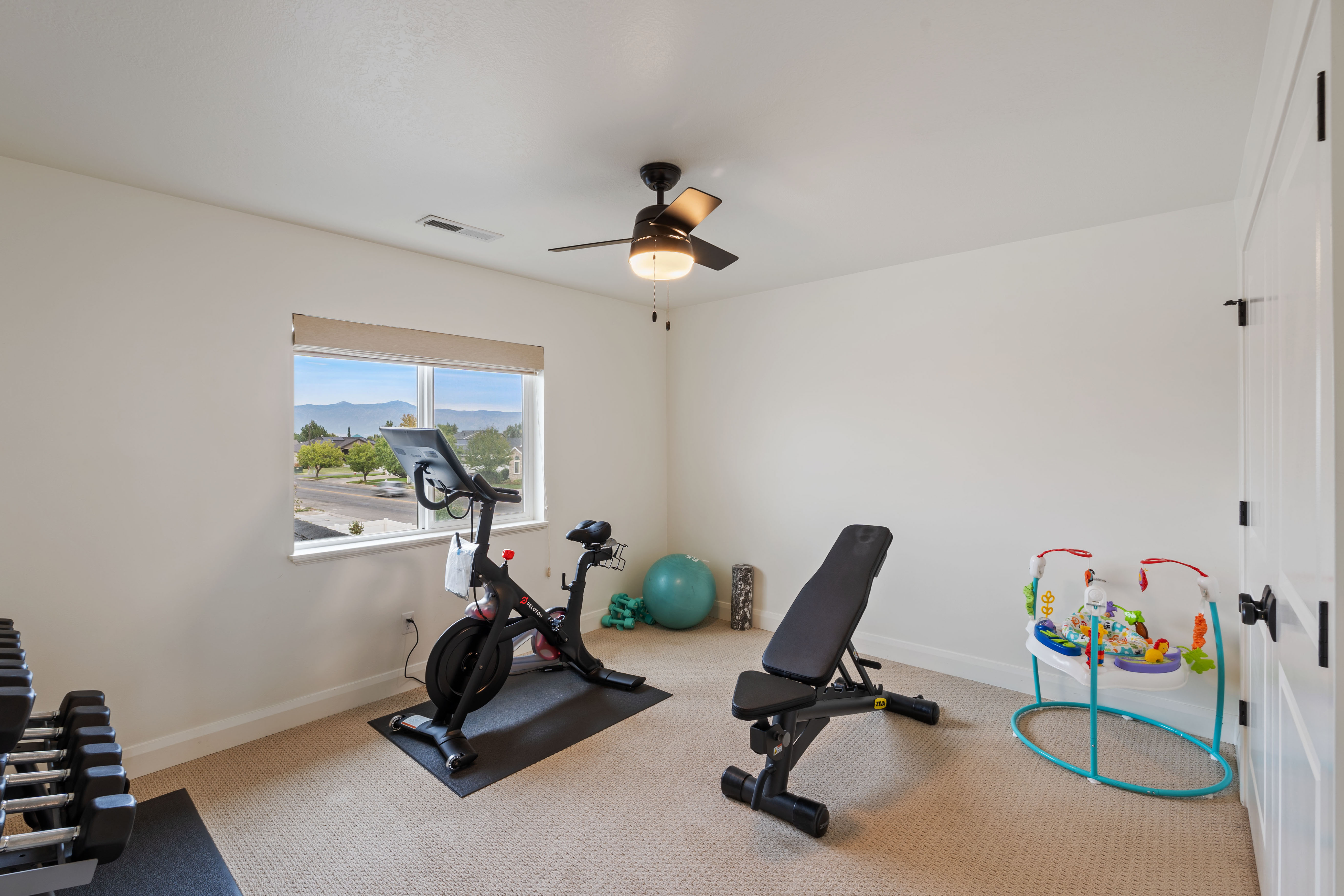 Versatile bonus room featuring a window with a distant mountain backdrop, light beige carpeting, a ceiling fan with integrated lighting, and a white paneled door with black hardware