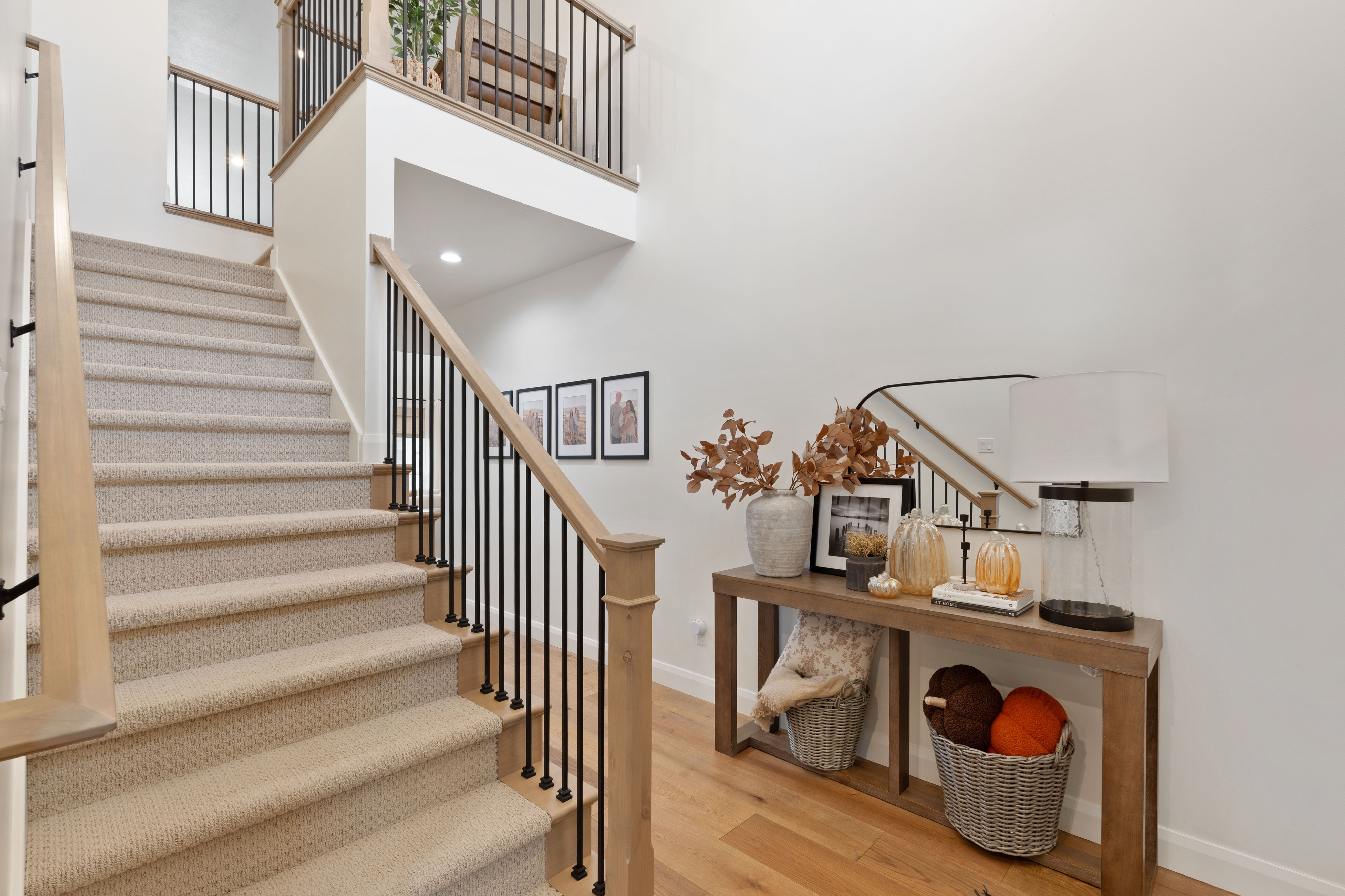 Two-story entryway featuring wood-finish flooring and a carpeted staircase