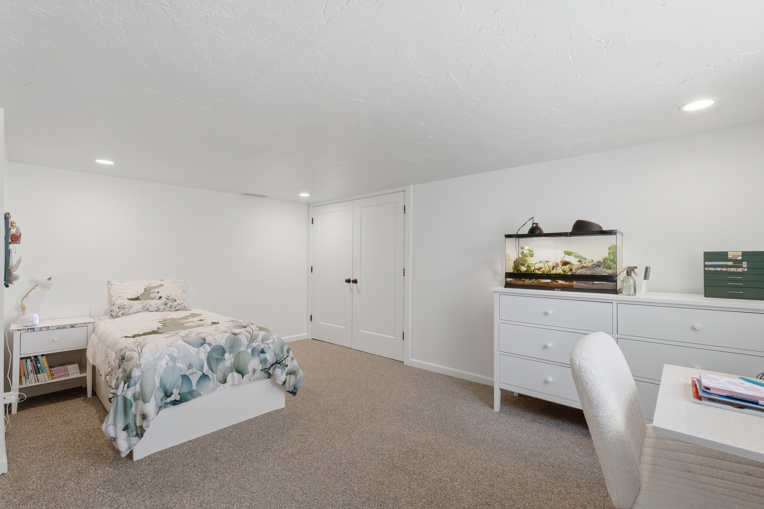 Carpeted room featuring recessed lighting, white walls, and a closet with double doors