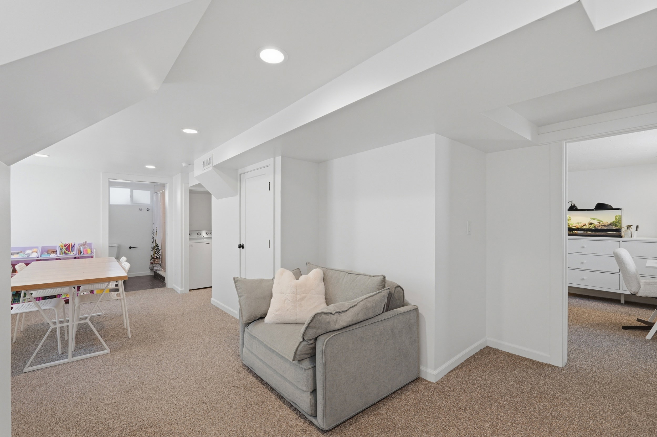 Carpeted lower level featuring recessed lighting, white walls, and a white interior door