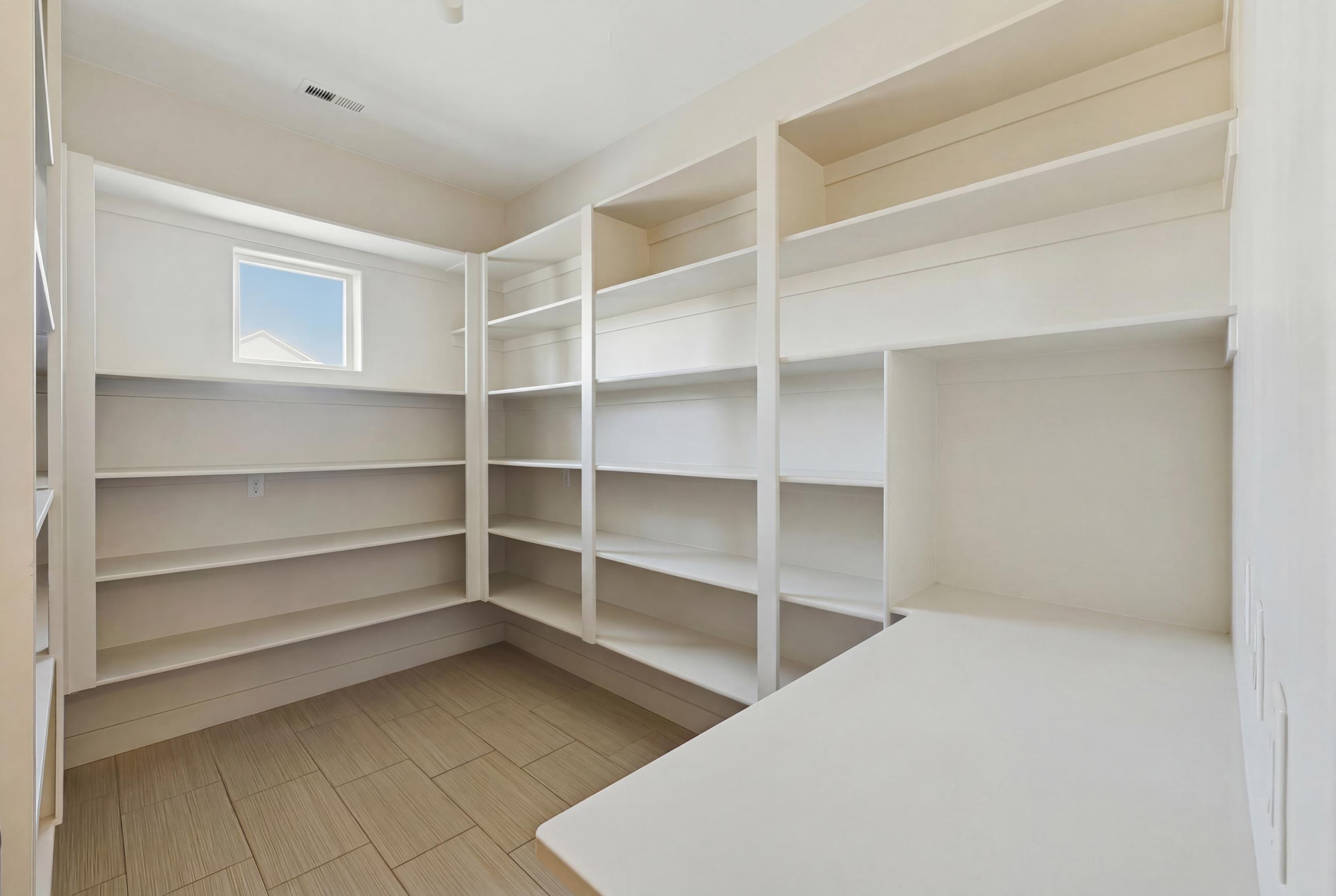 Spacious pantry featuring extensive built-in shelving, a built-in counter surface, a corner window, and light-toned tile flooring