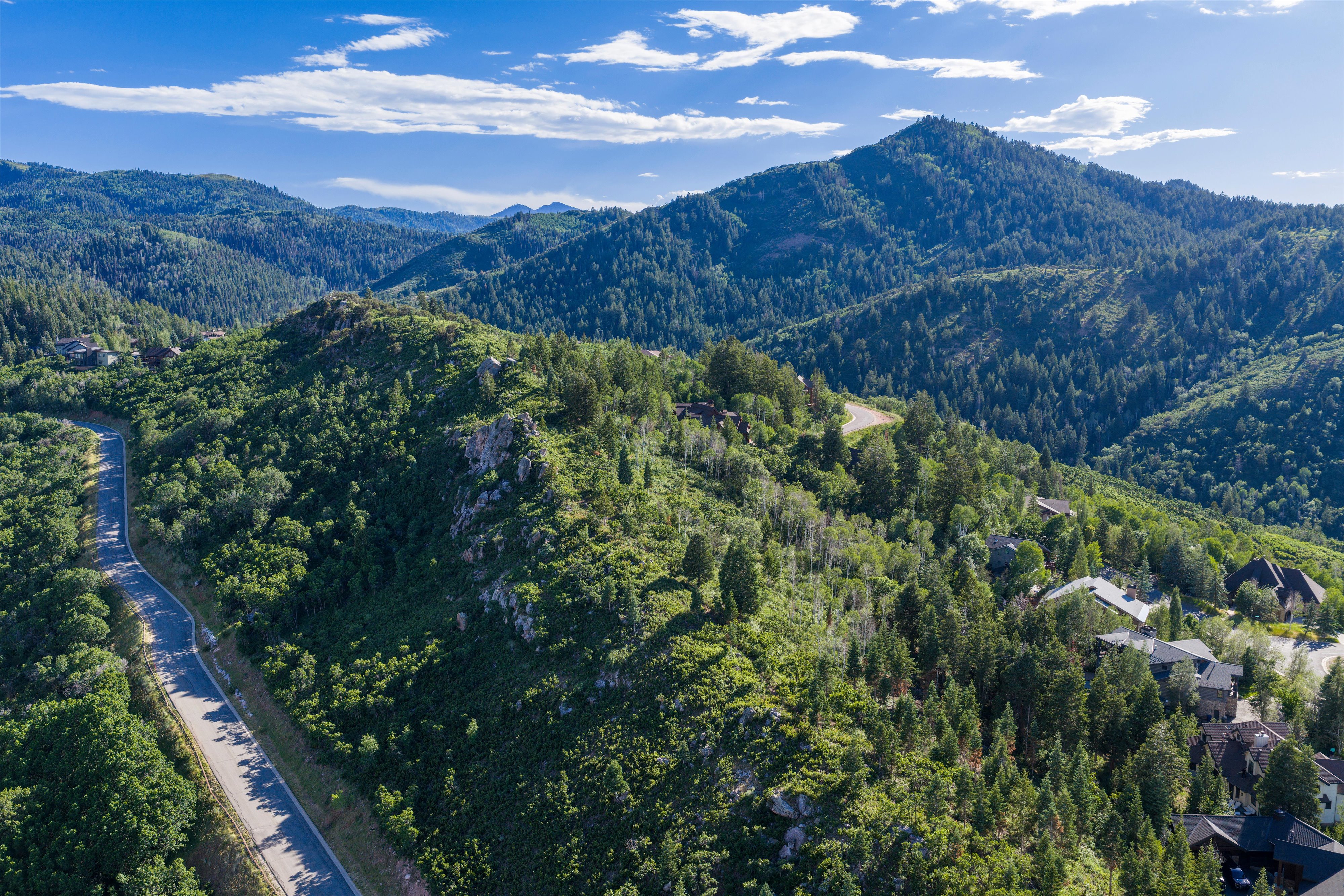Mountainous landscape featuring extensive tree coverage, winding roads, and residential structures integrated into the terrain