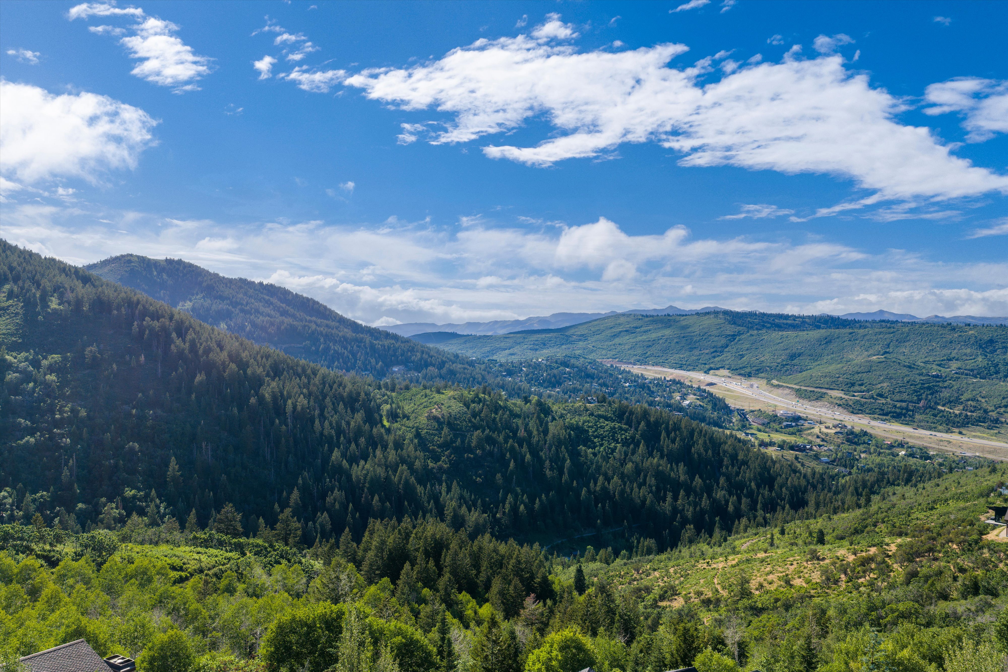 Expansive natural landscape featuring rolling hills, abundant mature trees, and distant open terrain
