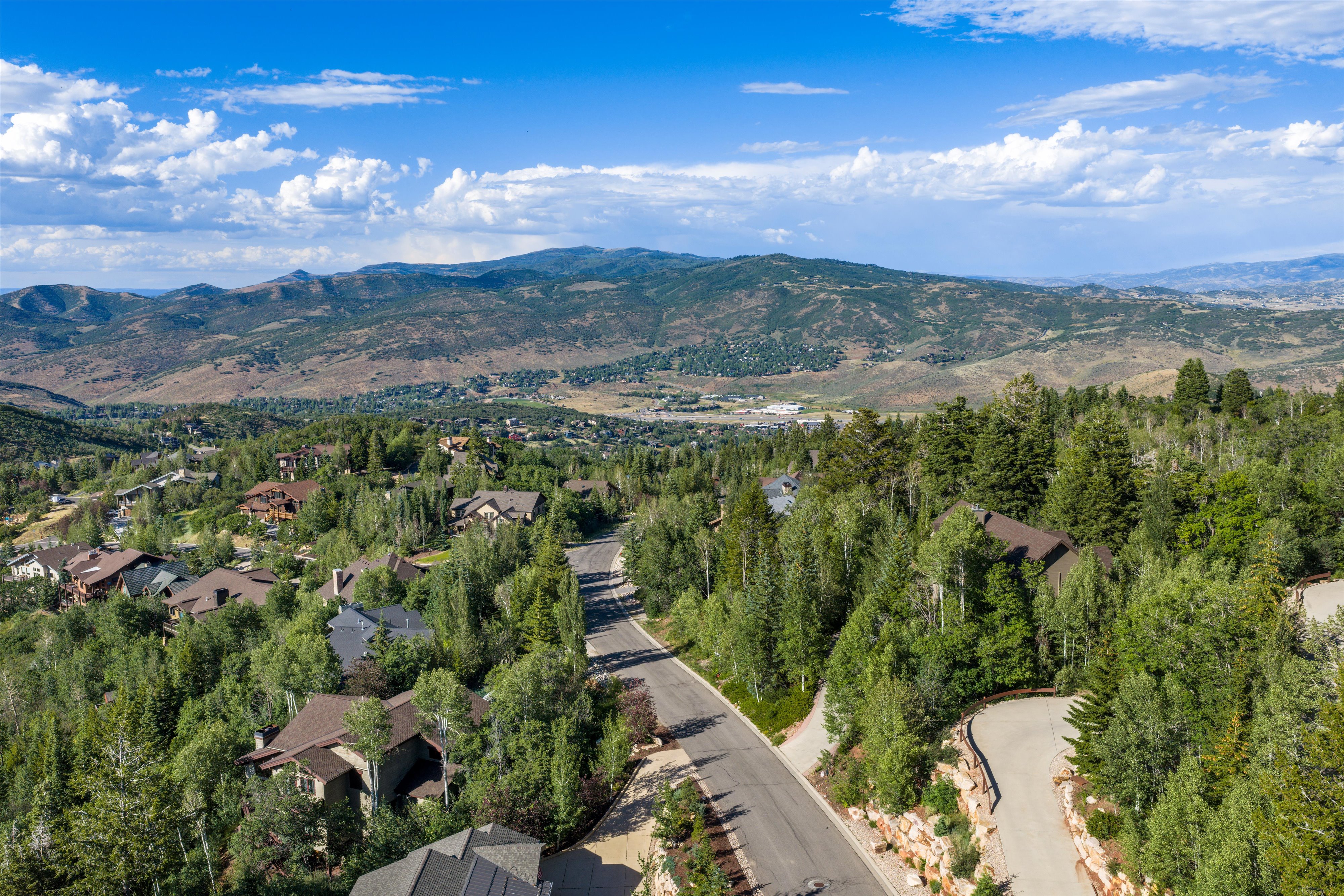 Hillside properties featuring mature trees and paved roadways