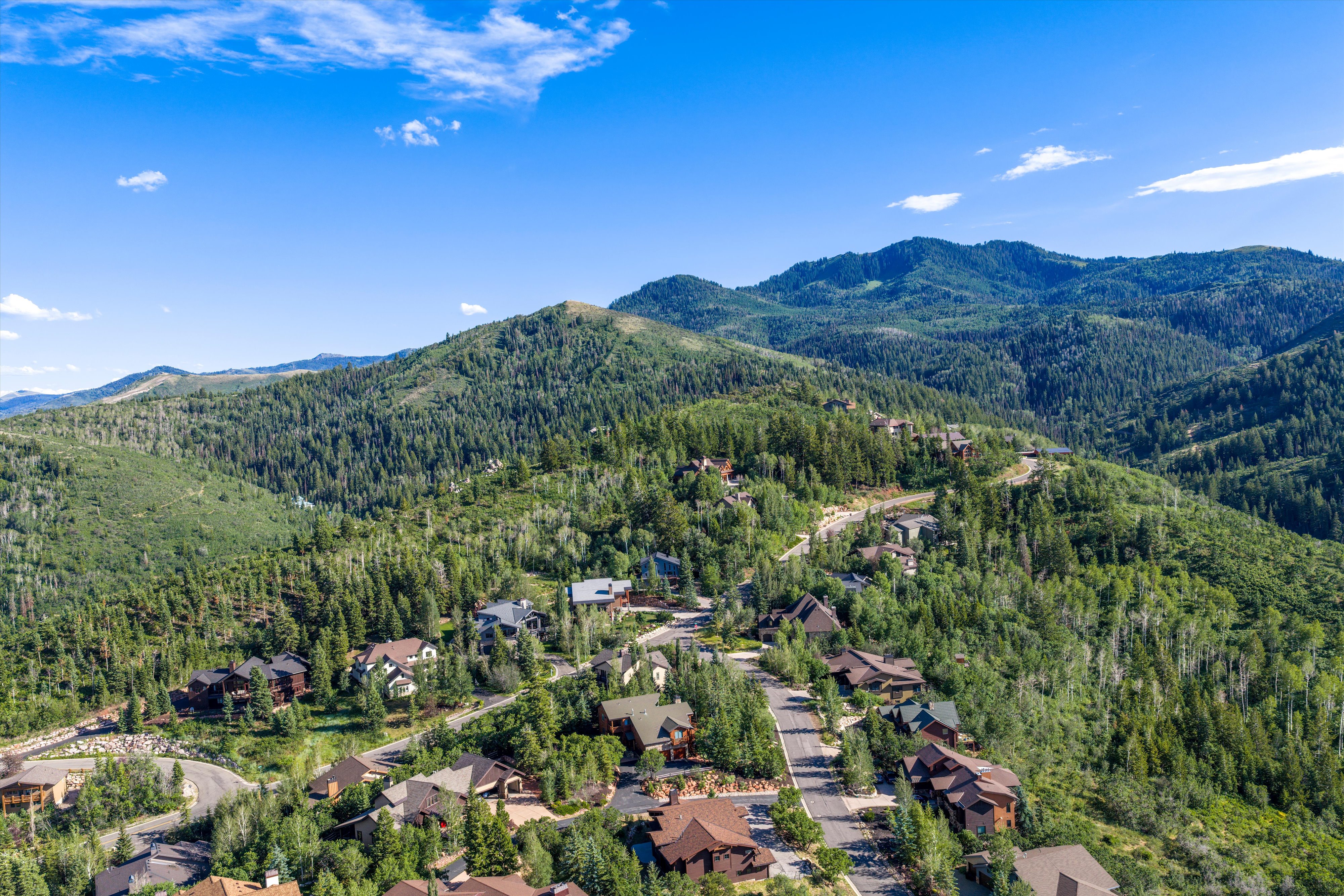 Expansive mountain landscape featuring numerous properties nestled among dense evergreen and deciduous trees