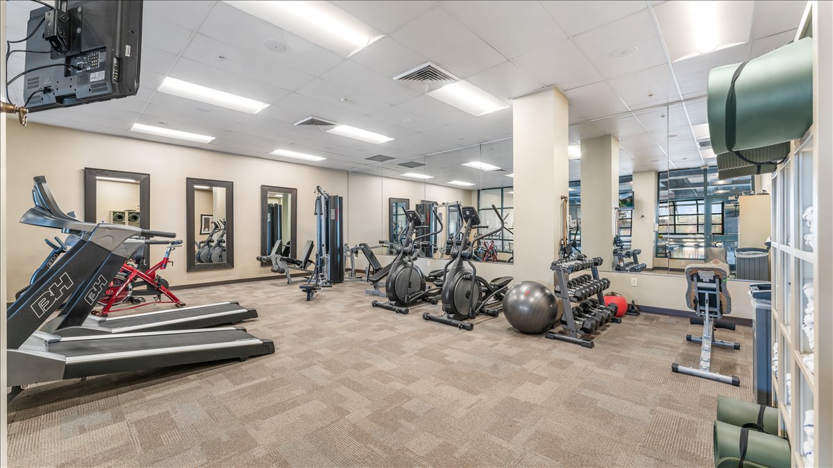 Well-equipped fitness center featuring patterned carpet flooring, mirrored walls, ample overhead lighting, and various exercise machines