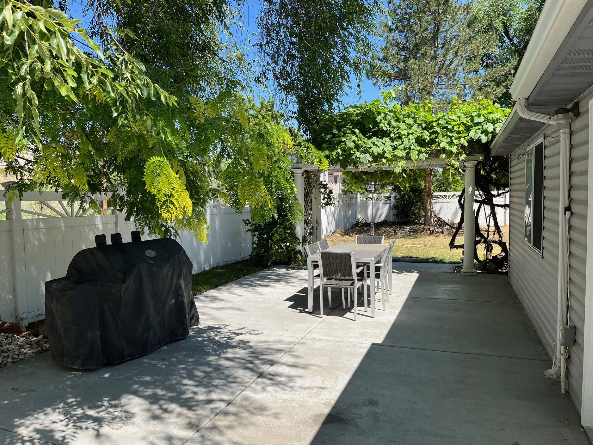 Expansive concrete patio area featuring a white vinyl fence, mature trees, and a pergola with established greenery