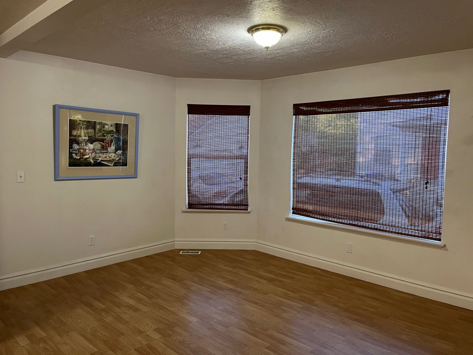 Room featuring wood-finish flooring, white baseboards, and two windows with natural wood blinds