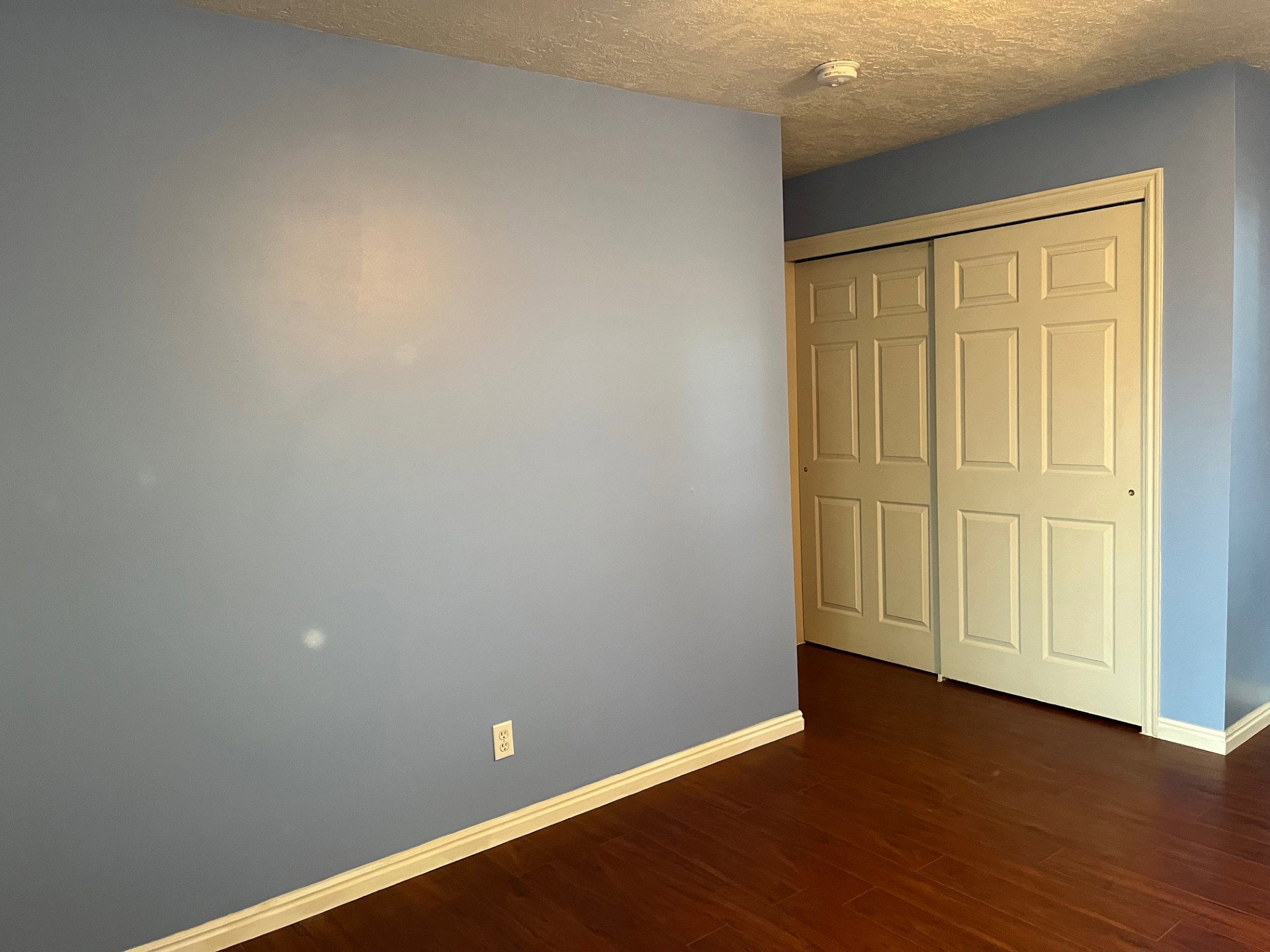 Hardwood-style flooring extends throughout the space, complemented by light blue walls and white baseboards