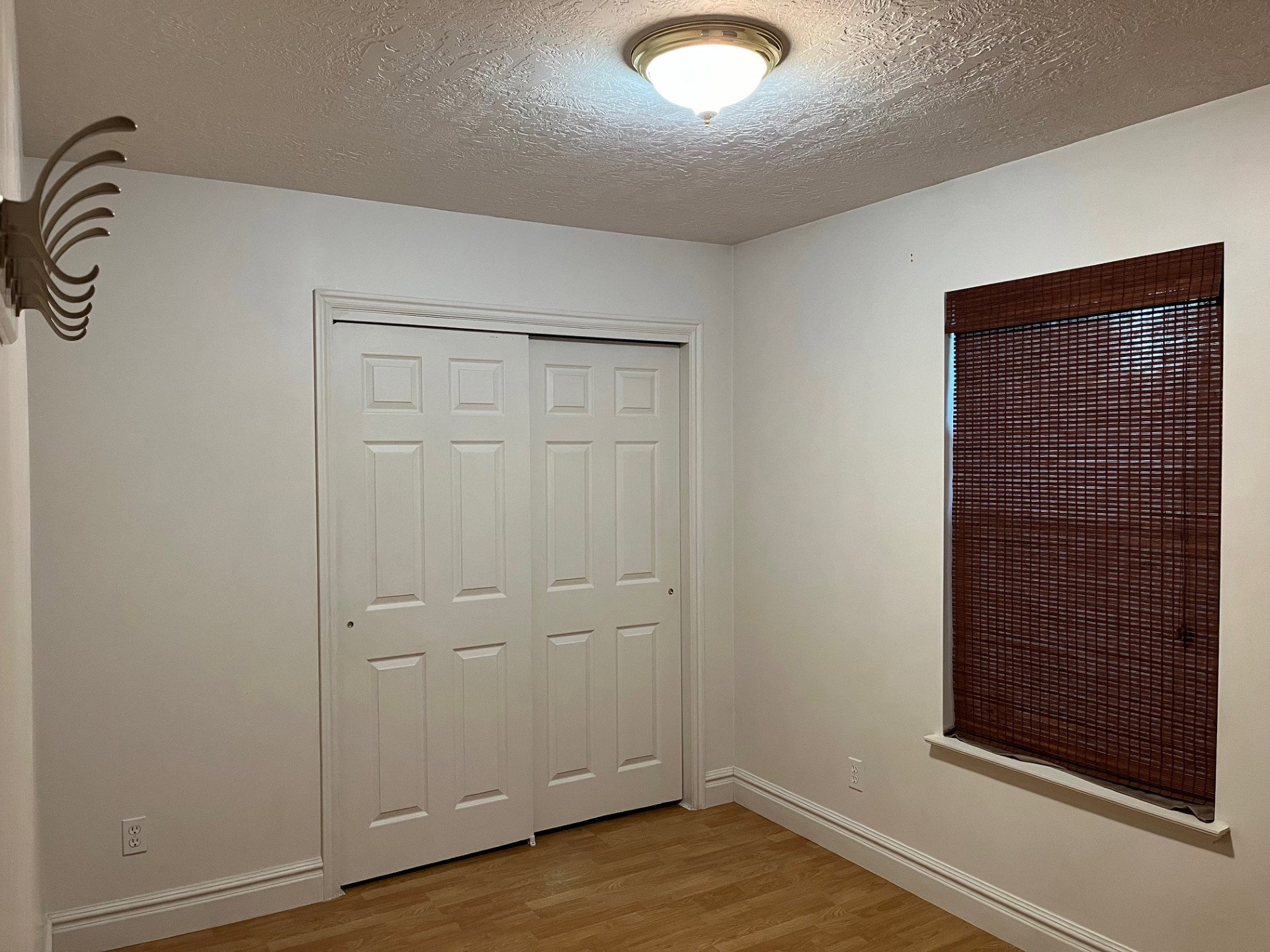 Room with light wood-finish flooring, white walls, and white baseboards