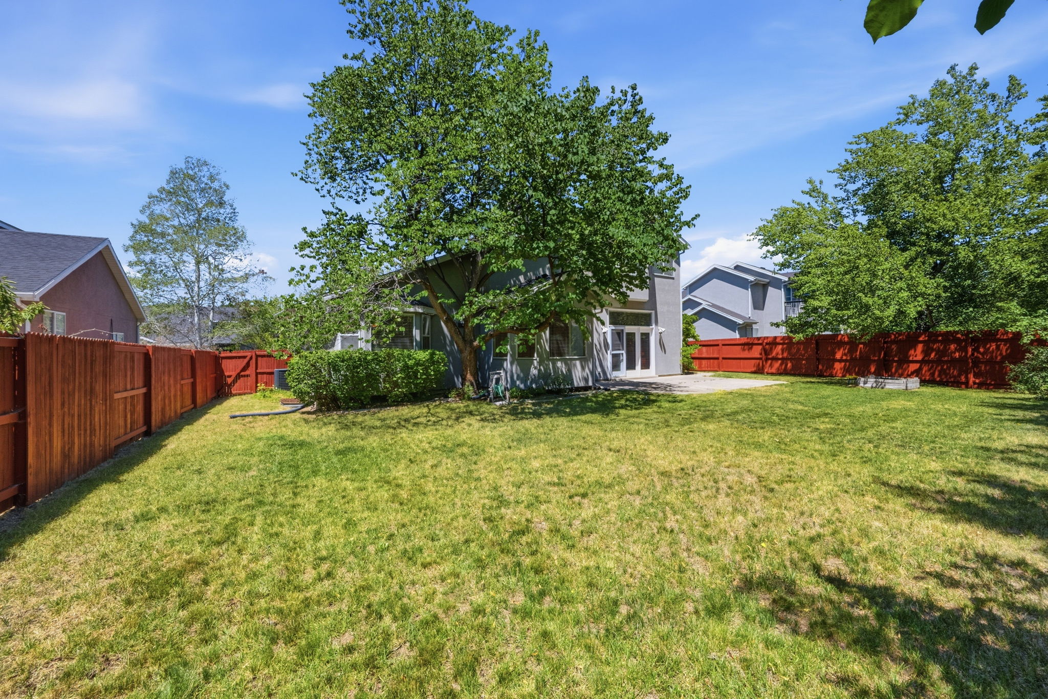 Expansive backyard featuring a large grass area, mature trees, and a wooden privacy fence