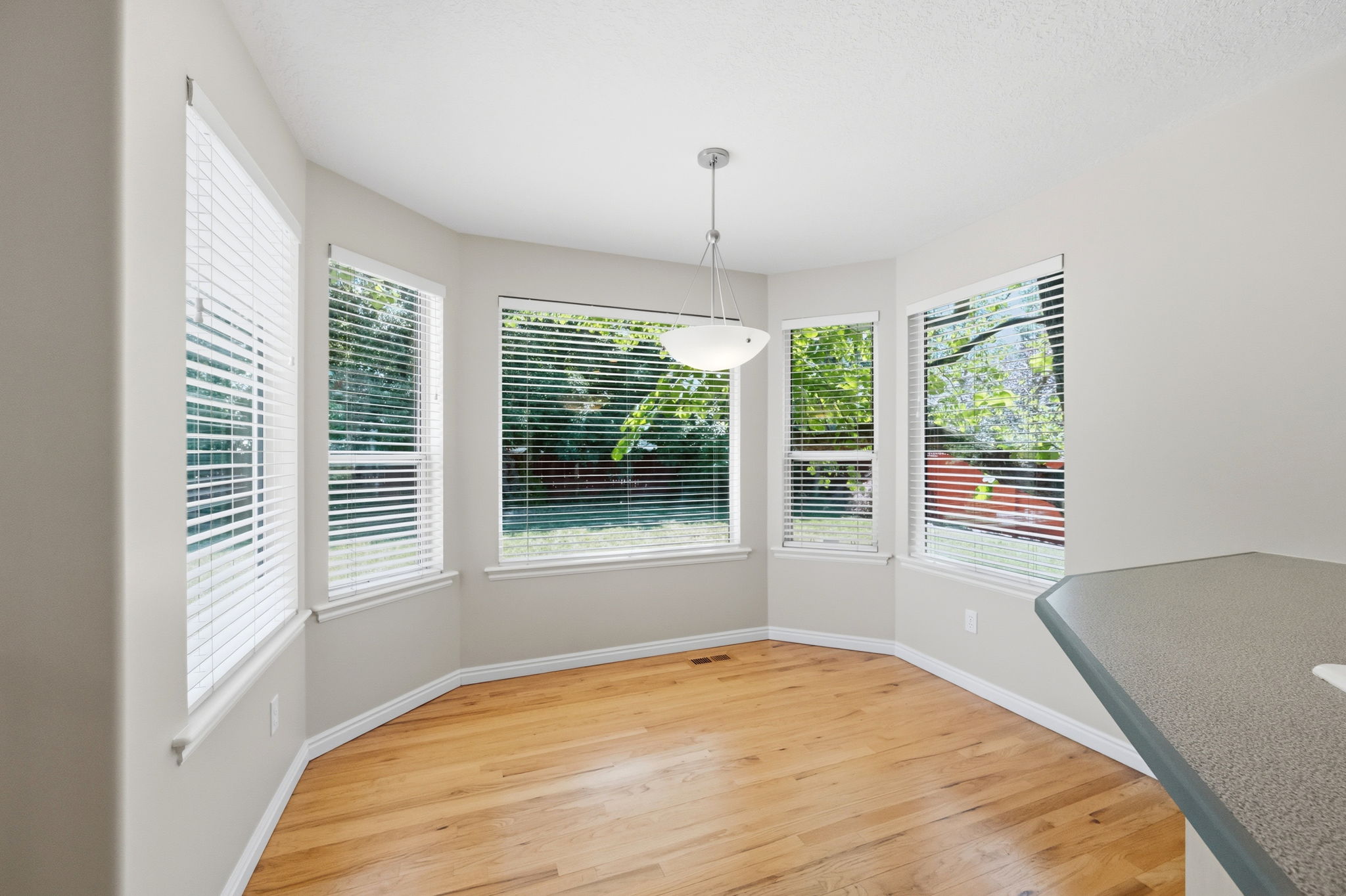 Bay window dining area featuring wood-finish flooring, a contemporary pendant light fixture, and multiple windows with horizontal blinds