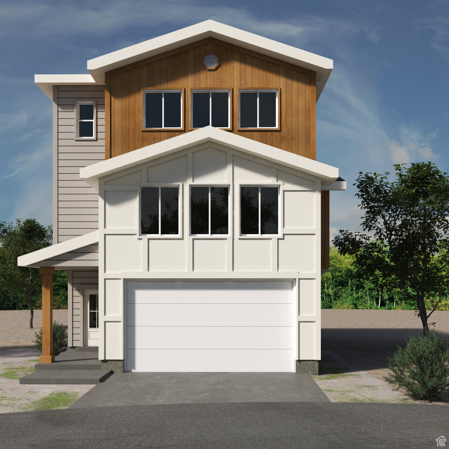 Contemporary multi-level exterior featuring light gray horizontal siding and natural wood-finish siding