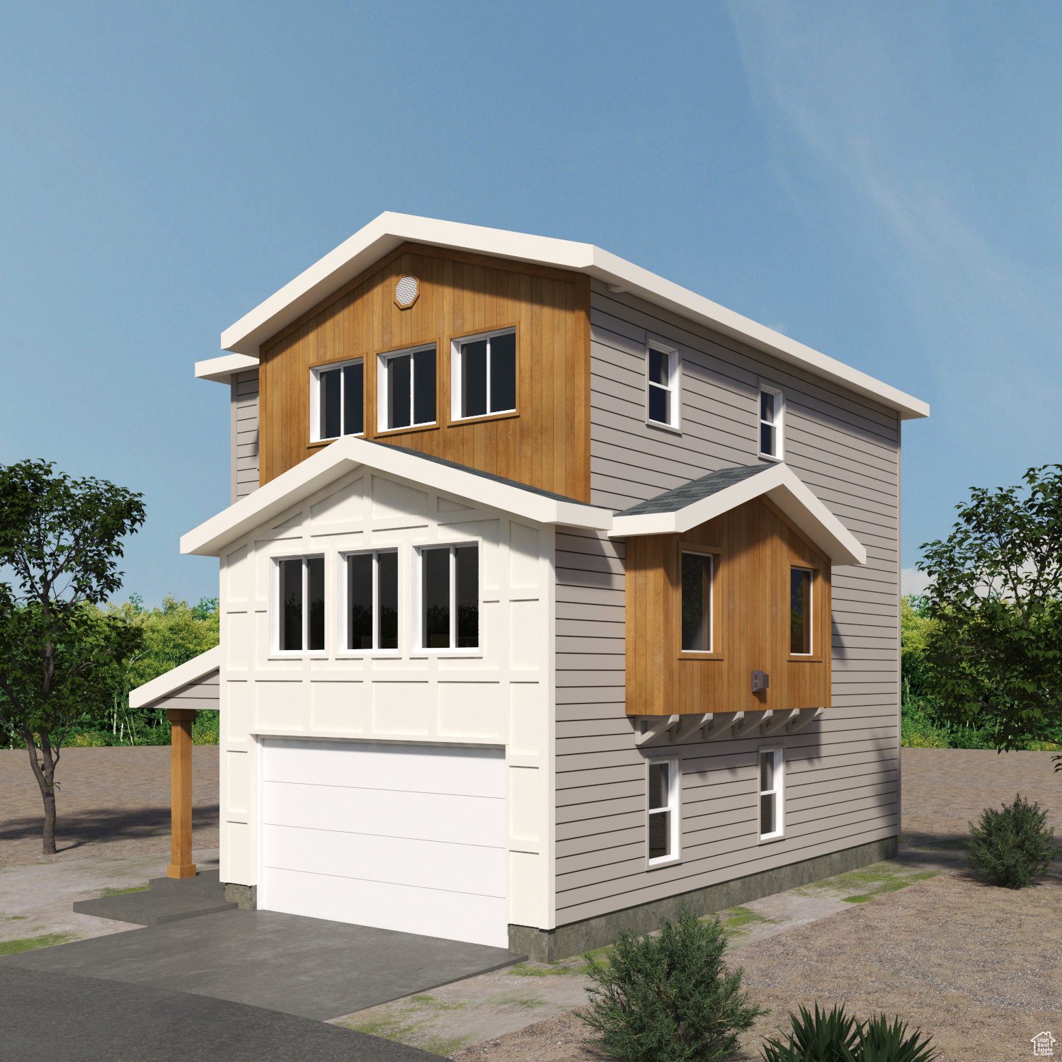 Modern facade featuring a mix of horizontal siding and wood-finish paneling