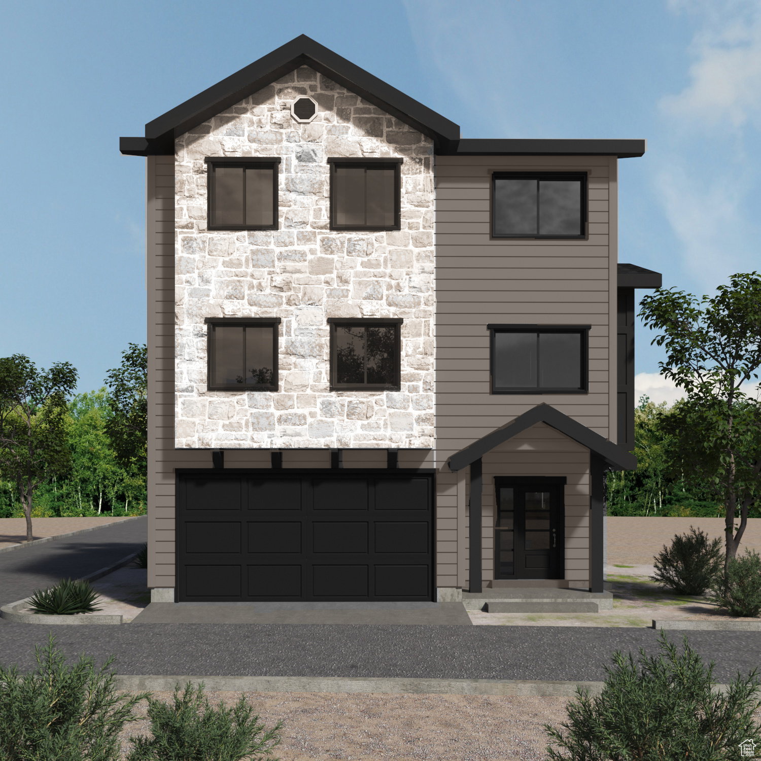 Modern two-story facade featuring light-toned stone and horizontal siding