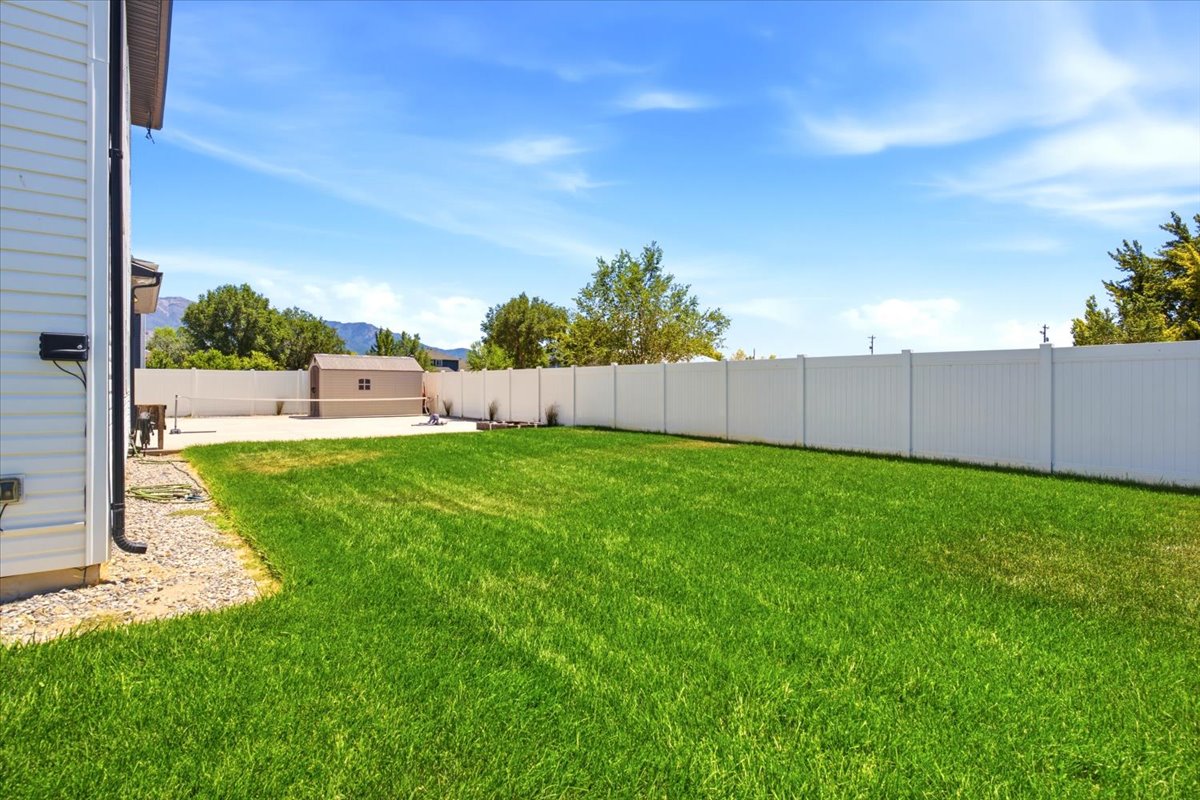 Expansive backyard featuring a green lawn, concrete patio, and a storage shed