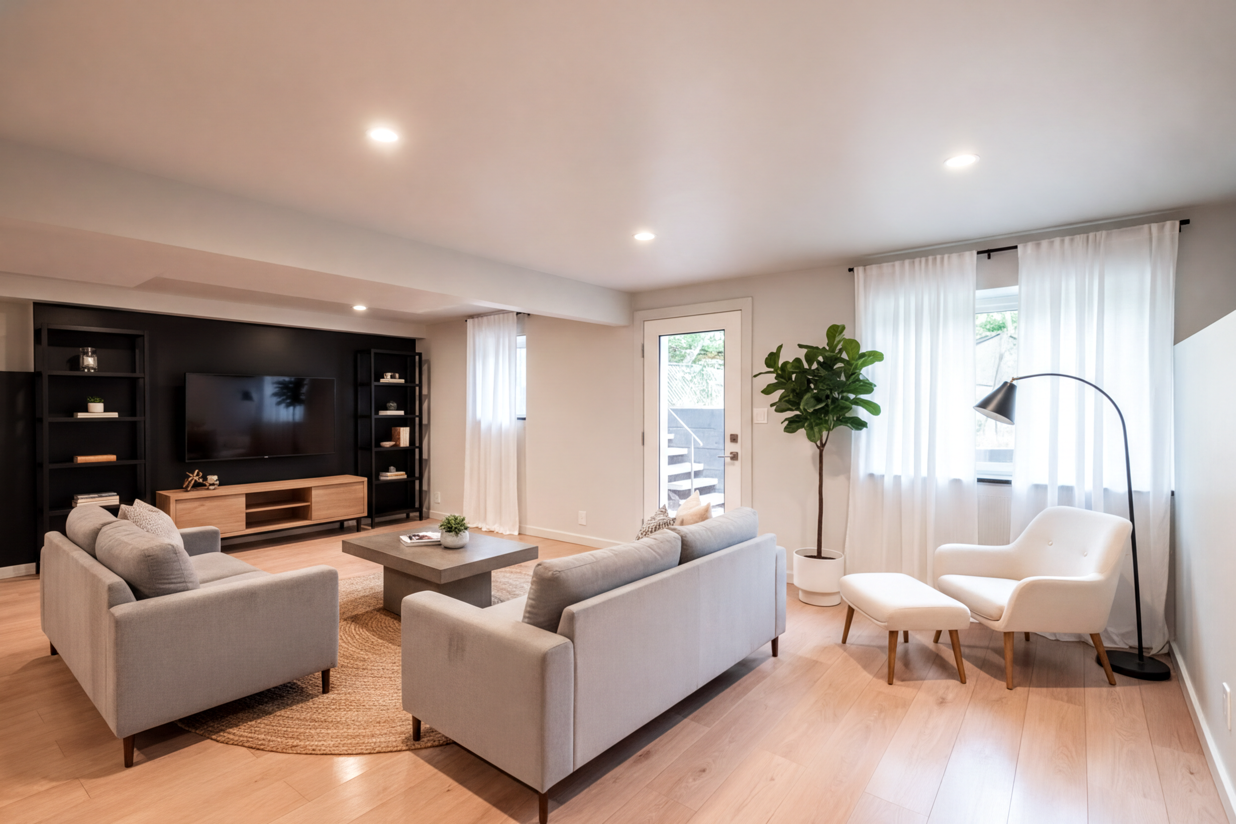 Light wood-finish flooring complements white walls and recessed lighting in this living space. Virtually staged