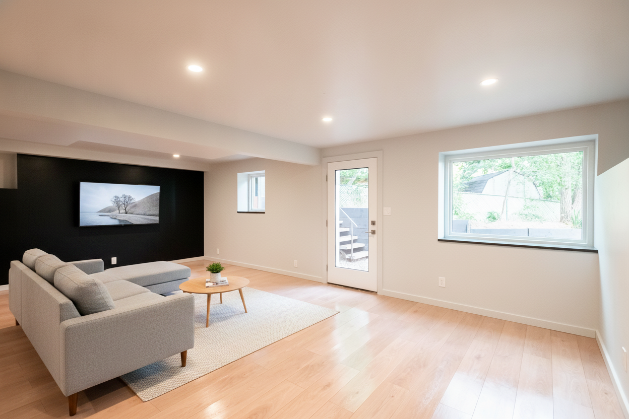 Hardwood-finish flooring throughout, featuring a full-light glass door leading to exterior steps. Virtually staged