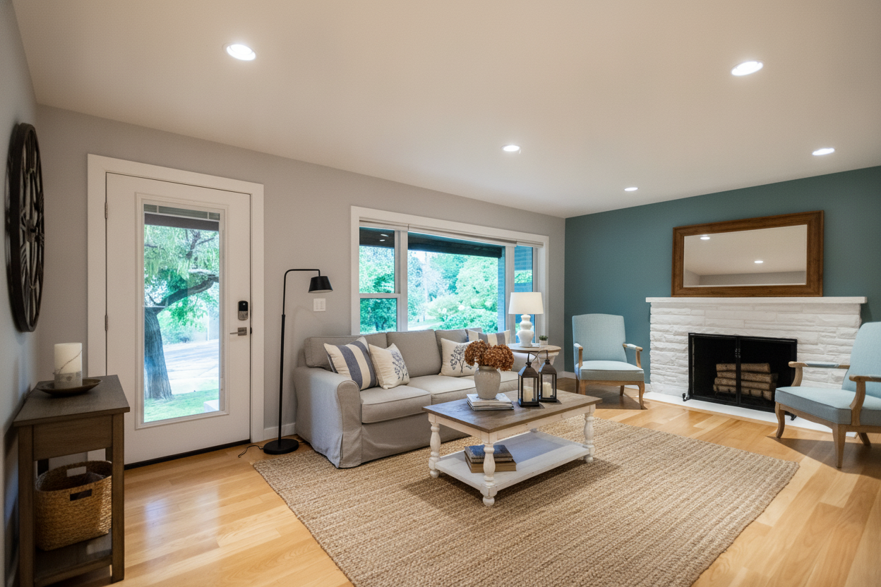 Living room featuring a stacked stone fireplace with hearth, wood-finish flooring, recessed lighting, a large picture window, and a glass-paneled exterior door. Virtually staged