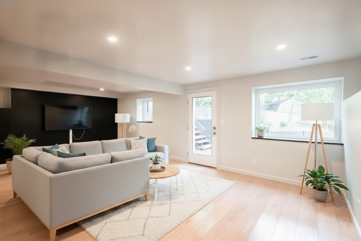 Bright lower-level living space featuring light wood-finish flooring, recessed lighting, a full-light exterior door, and a large window with a black sill. Virtually staged