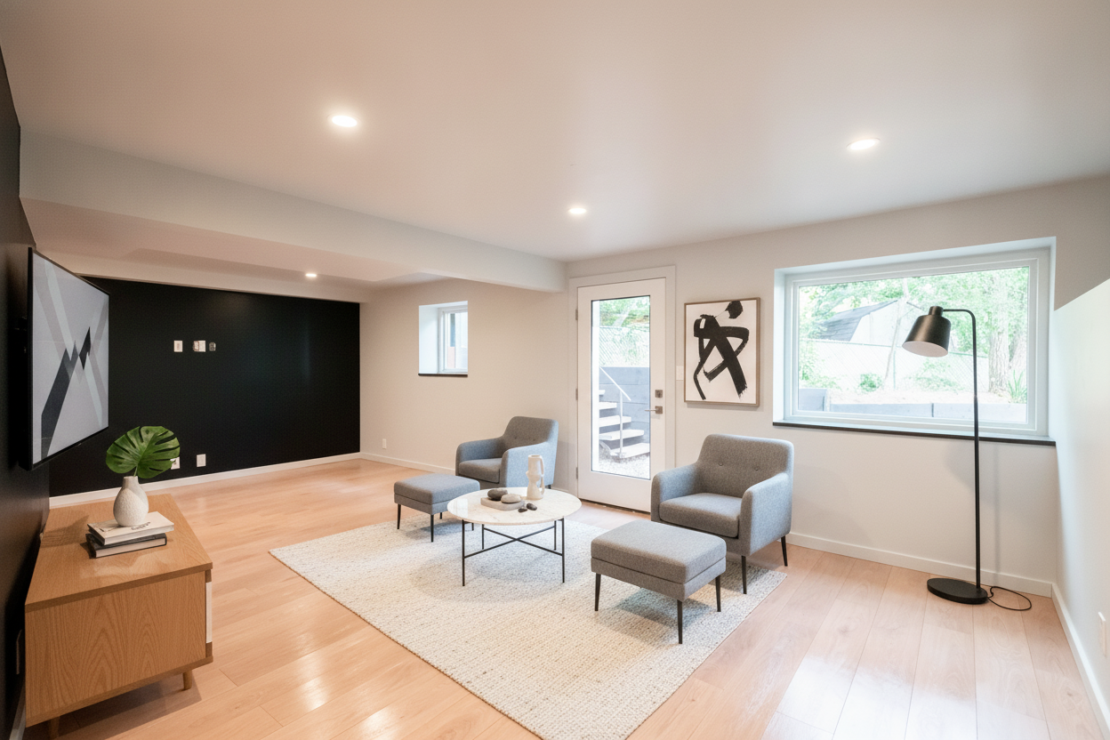 Spacious room featuring light wood-finish flooring, recessed lighting, and a black accent wall. Virtually staged