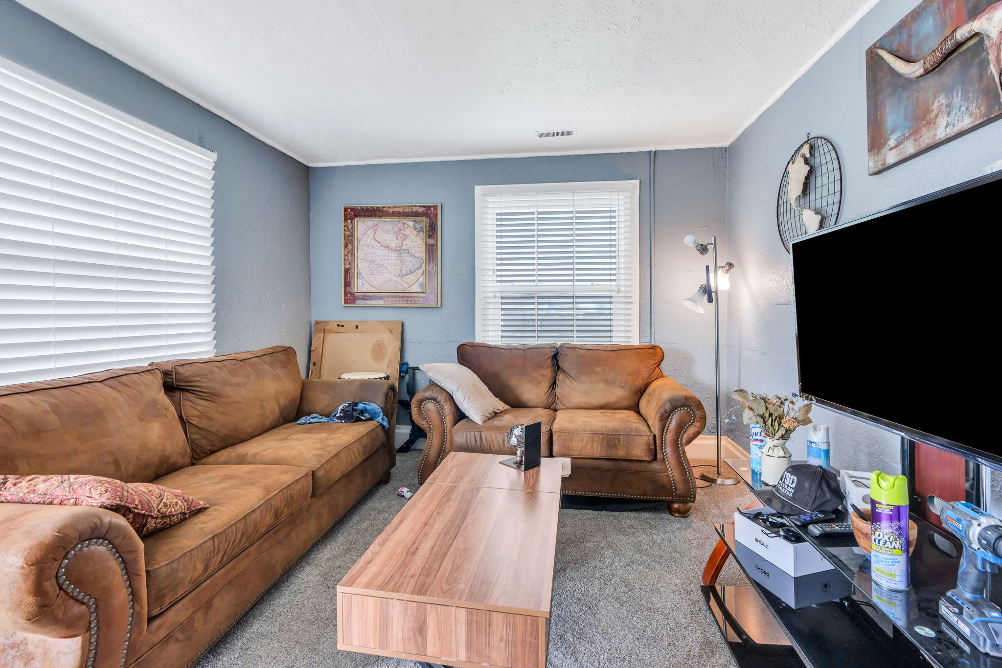 Living area featuring neutral wall paint, white window blinds, and carpet flooring