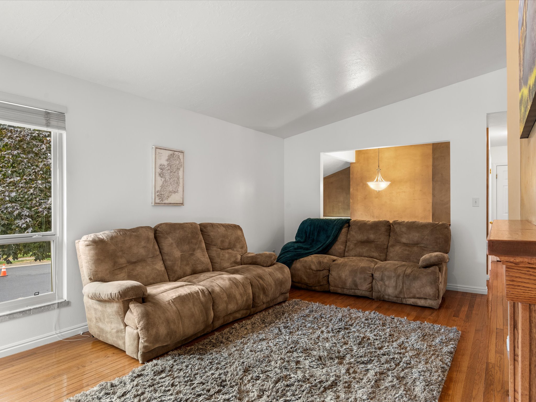 Living area featuring wood flooring, white walls, and a large window providing ample natural light