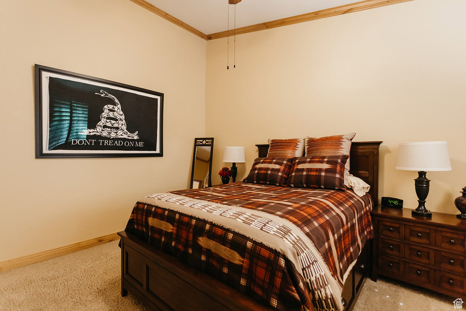 Carpeted room featuring a ceiling fan, wood trim, and light-colored walls