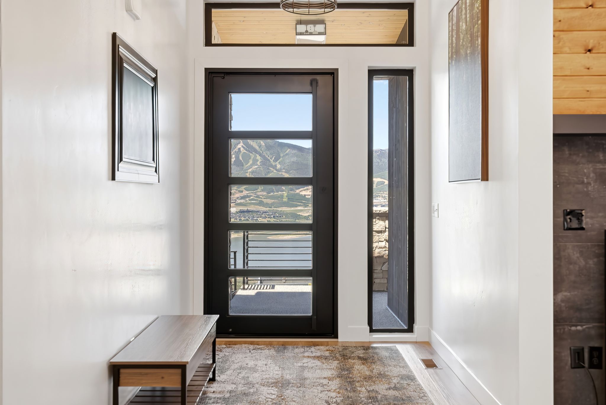 Modern entry with a black-framed door featuring multiple glass panes, a complementary side light, and an overhead transom window
