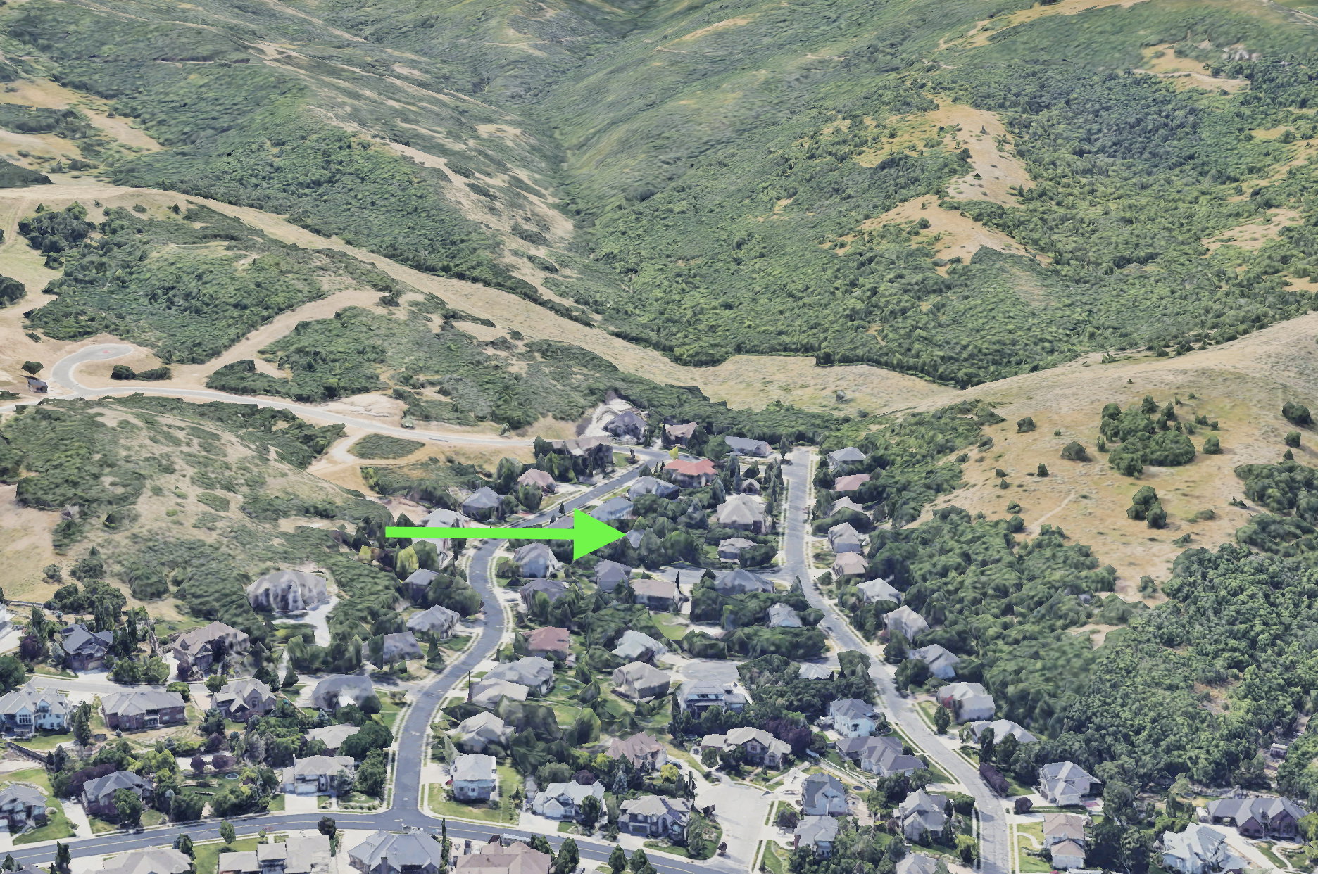 Aerial perspective showcasing a residential area nestled at the base of a verdant hillside