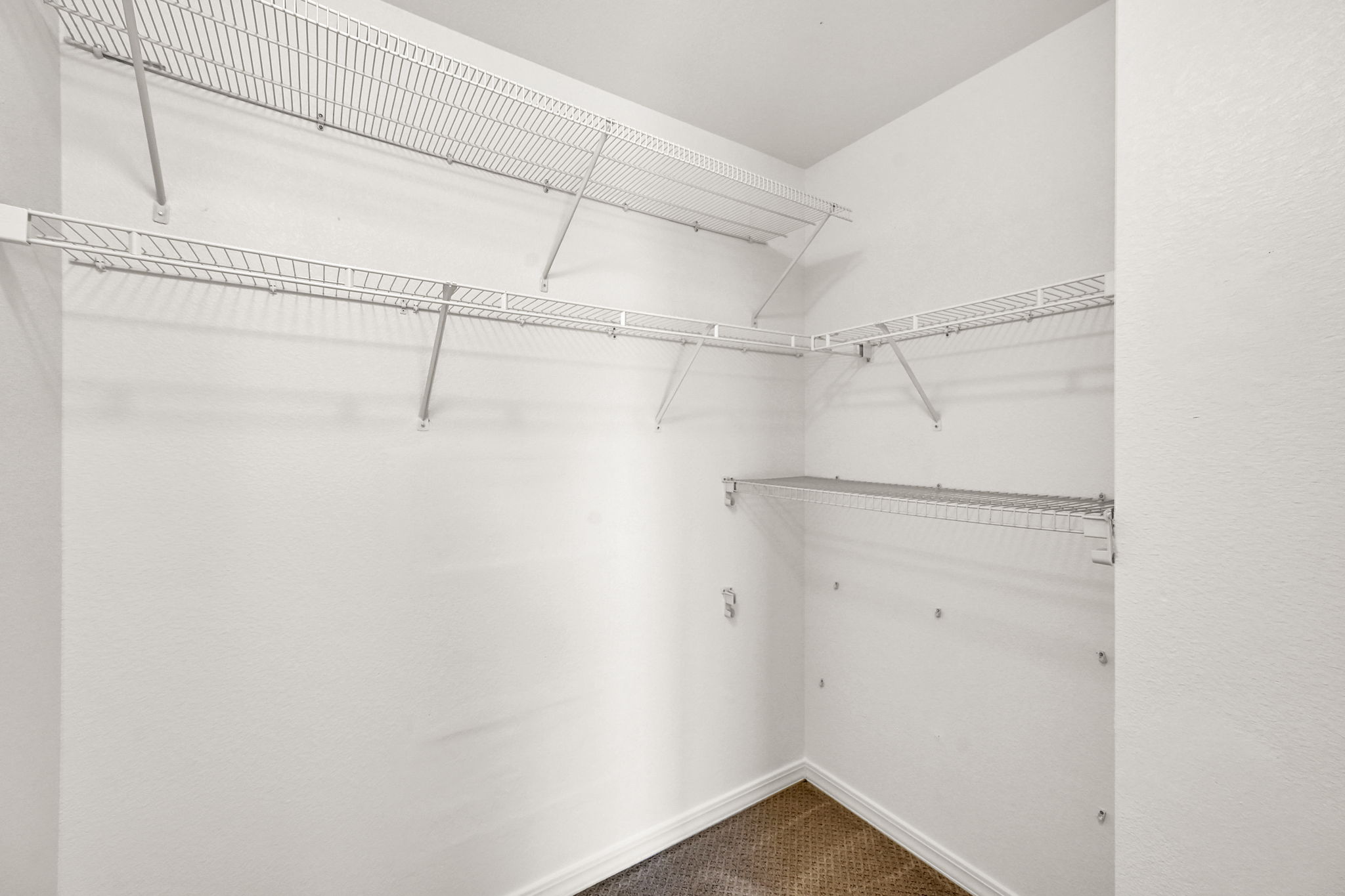 OVERSIZED WALK IN CLOSET BEDROOM 4 White wire shelving systems, white painted walls, and patterned carpeting