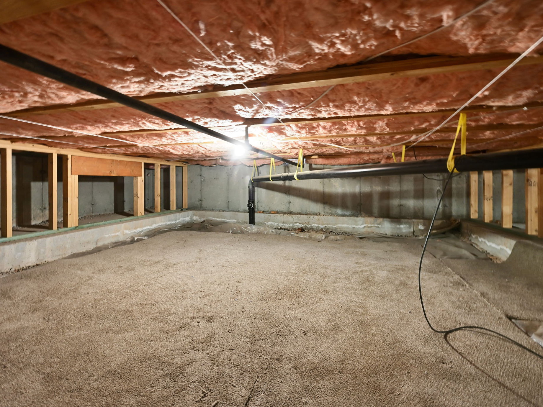 Fully lit Crawl space with carpet in one section for all your storage needs.