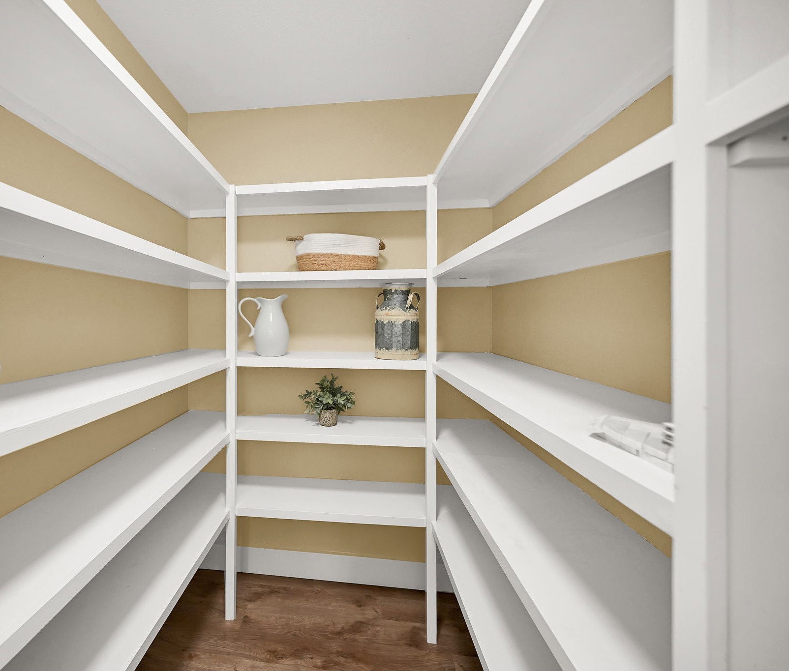 Walk-in pantry featuring extensive white shelving, light beige walls, dark wood-finish flooring, and white baseboards