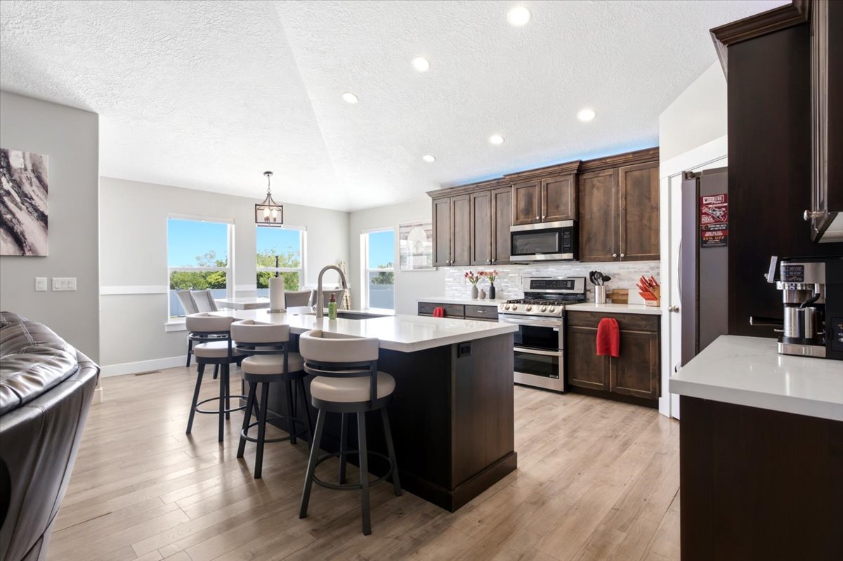 Open-concept kitchen featuring an expansive center island with seating, stainless steel appliances, dark wood cabinetry, light wood-finish flooring, and recessed lighting