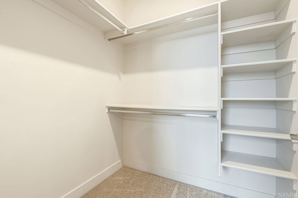 Walk-in closet featuring built-in shelving, dual hanging rods, and neutral-toned carpeting